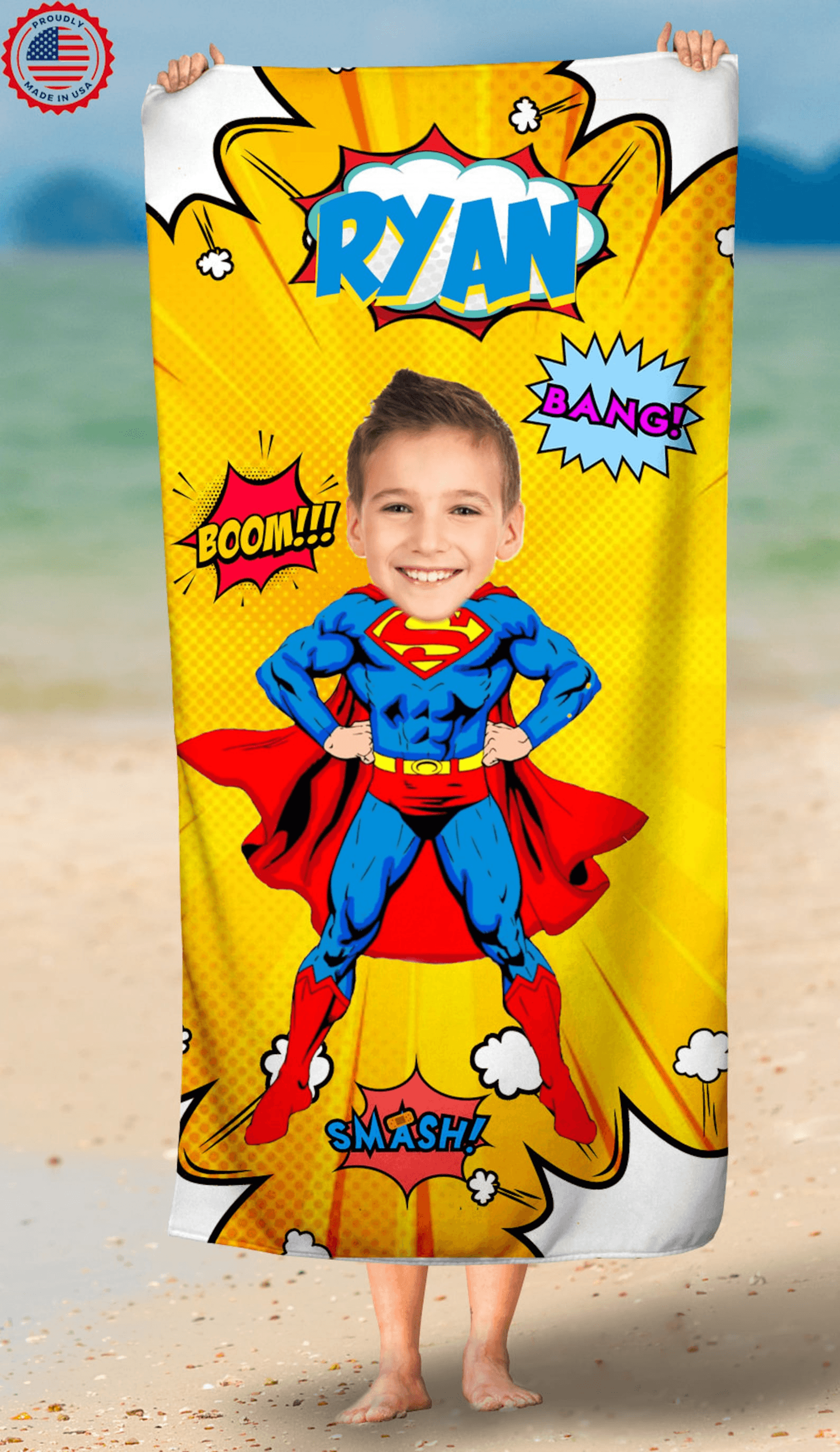 personalized superhero face beach towel – custom photo pool towel birthday party gift