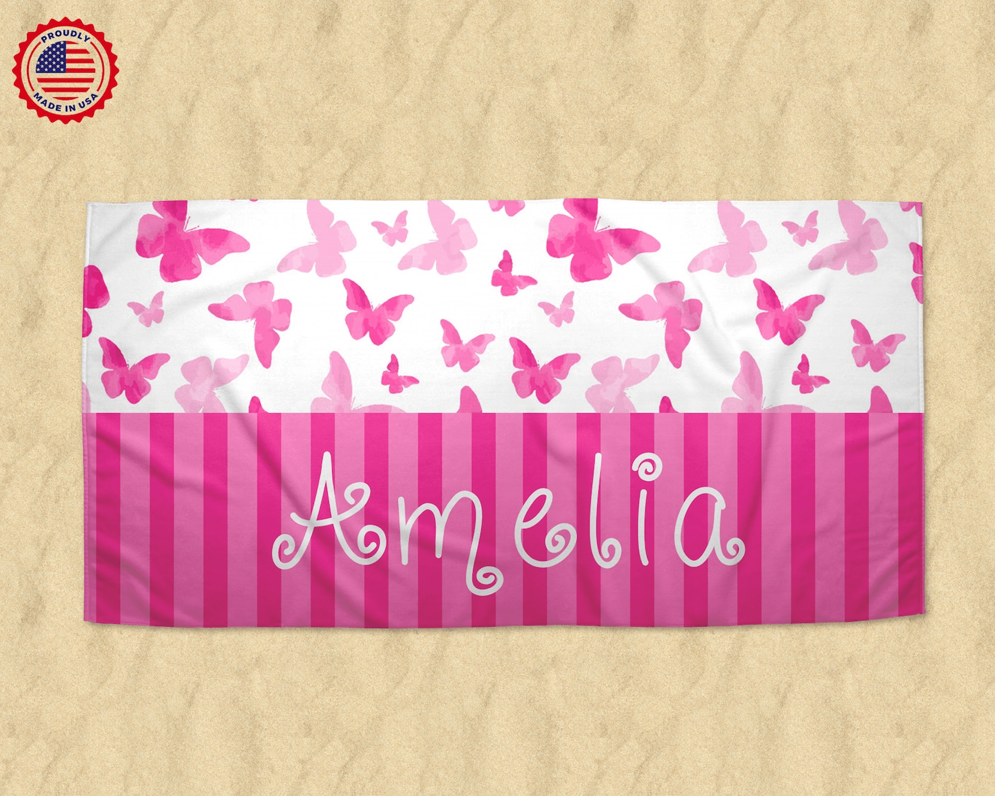 personalized butterfly beach towel with custom name for kids and summer adventures
