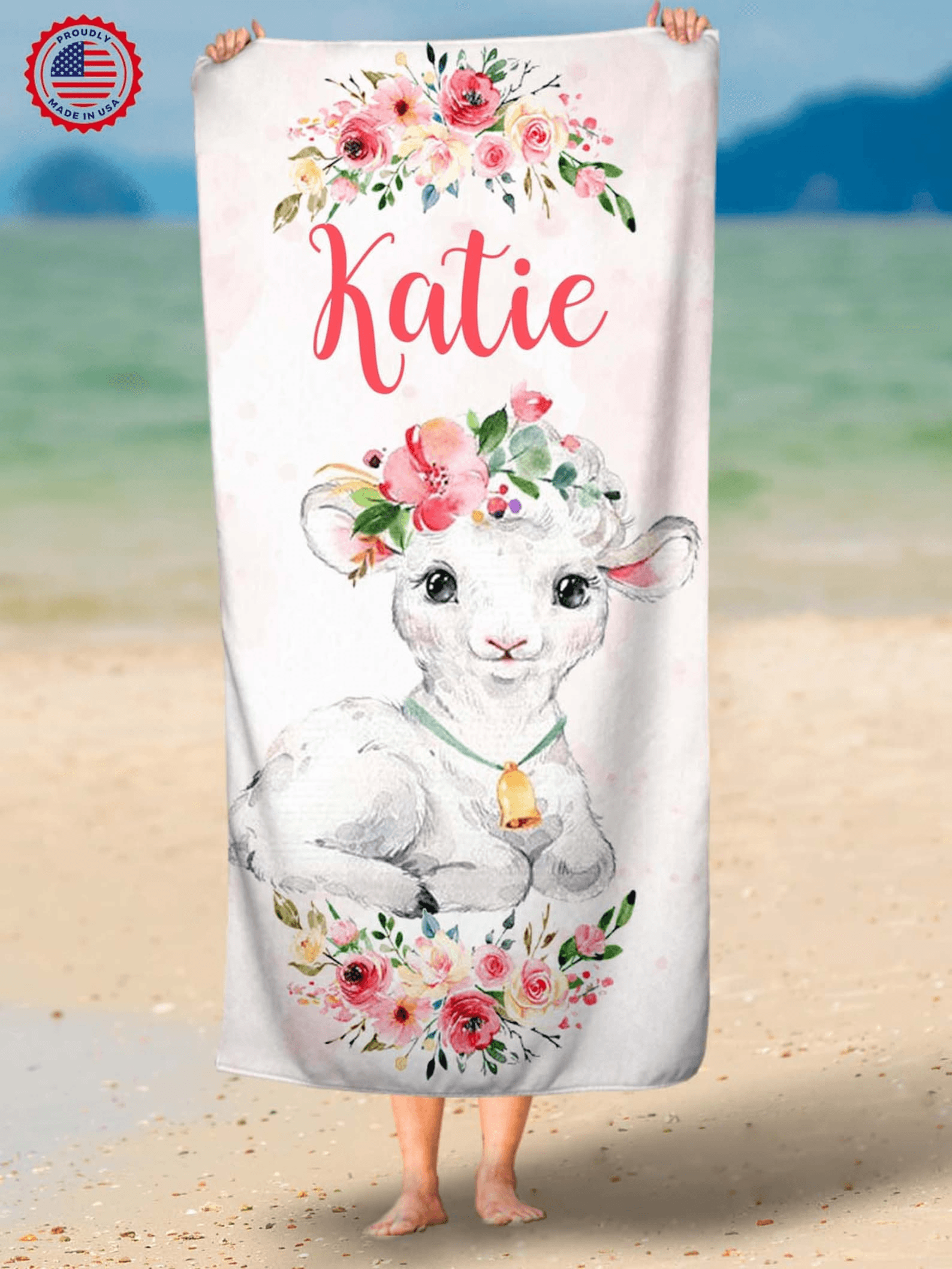 personalized lamb beach towel with custom name for kids, baby gifts & summer fun