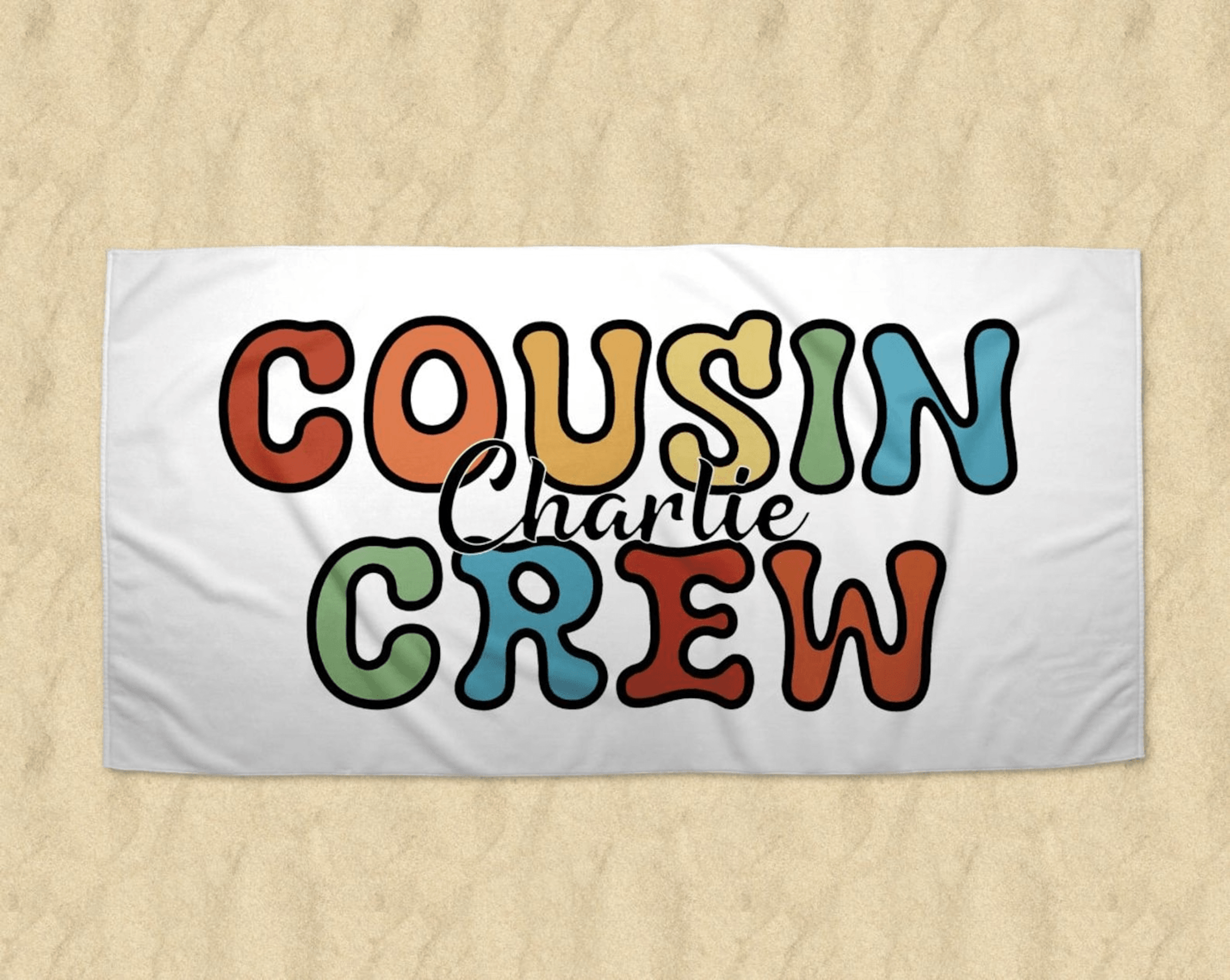 personalized cousin crew beach towel with custom name for family vacations and summer fun