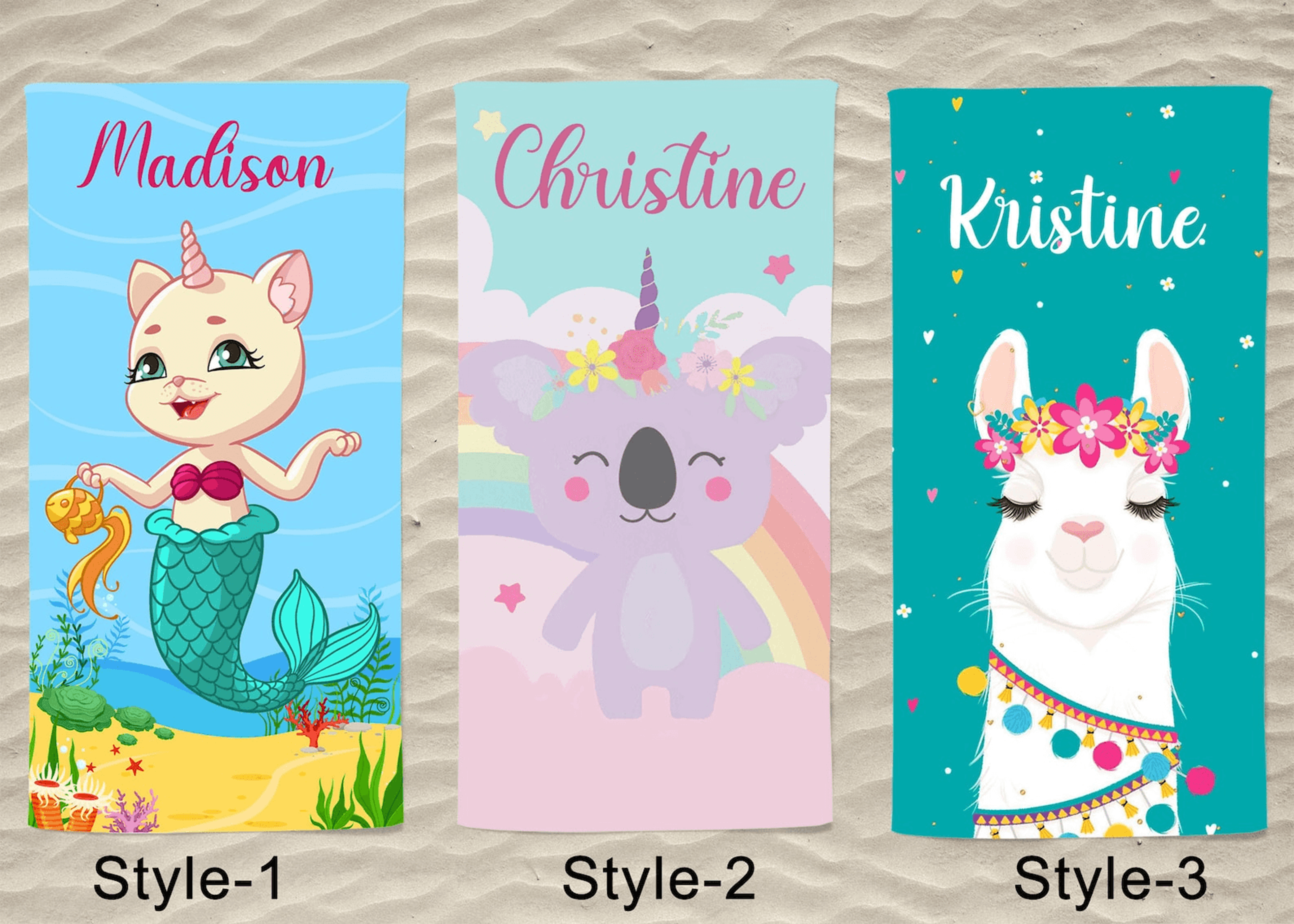 personalized friends beach towel with custom name – llama, koala, mermaid & unicorn designs
