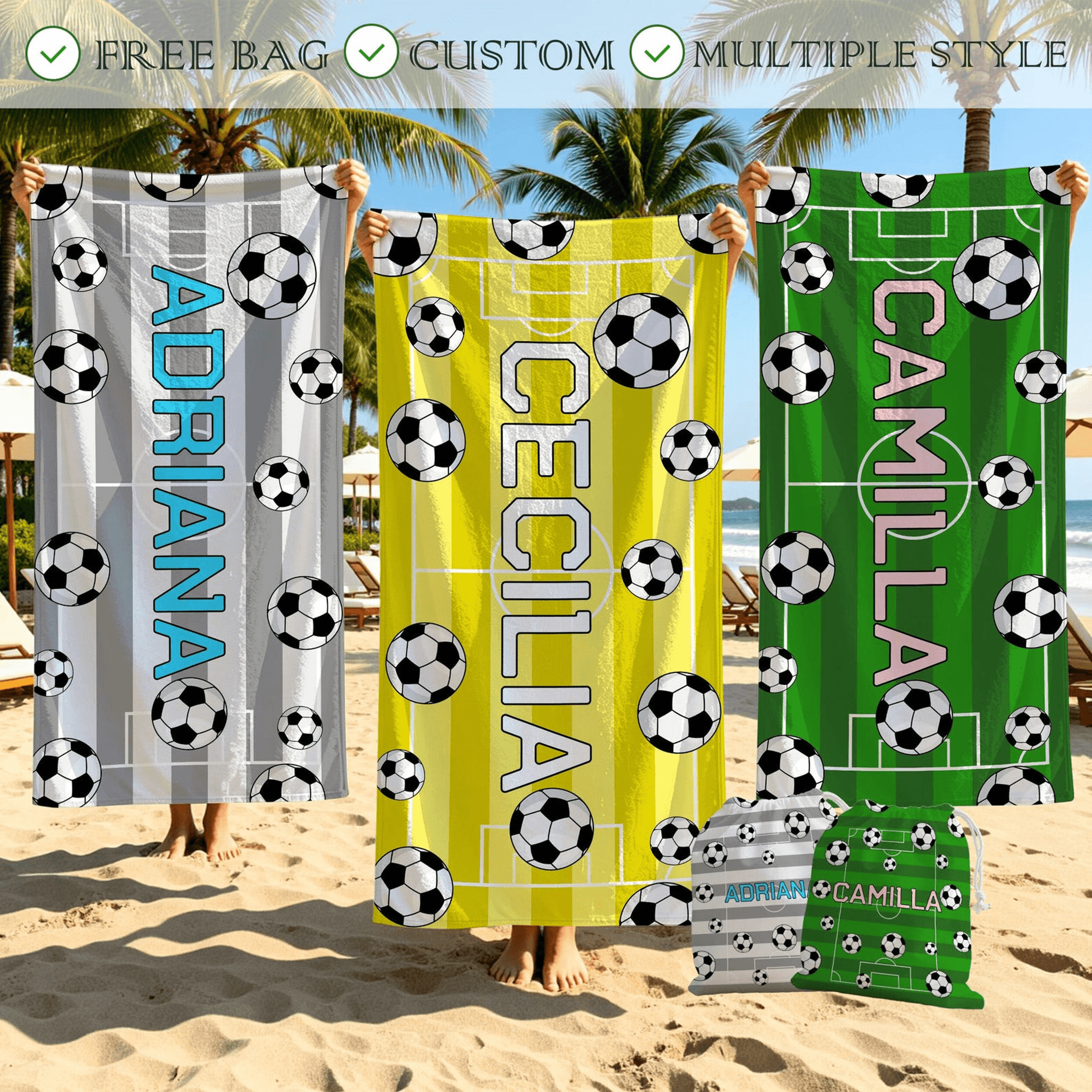 personalized soccer team beach towel with custom name – soccer player, coach & team gift