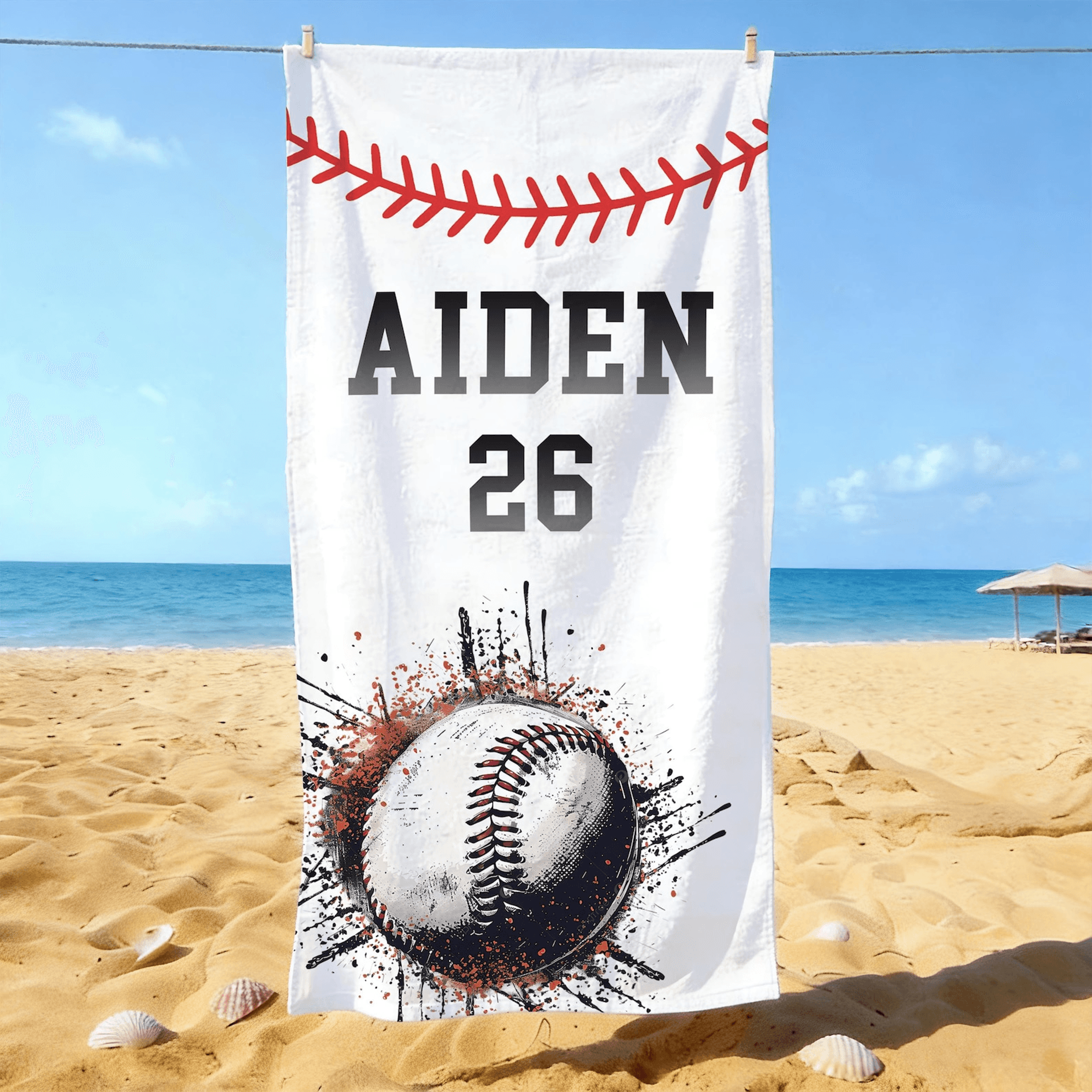 personalized baseball beach towel with custom name – summer gift for players, teams & fans