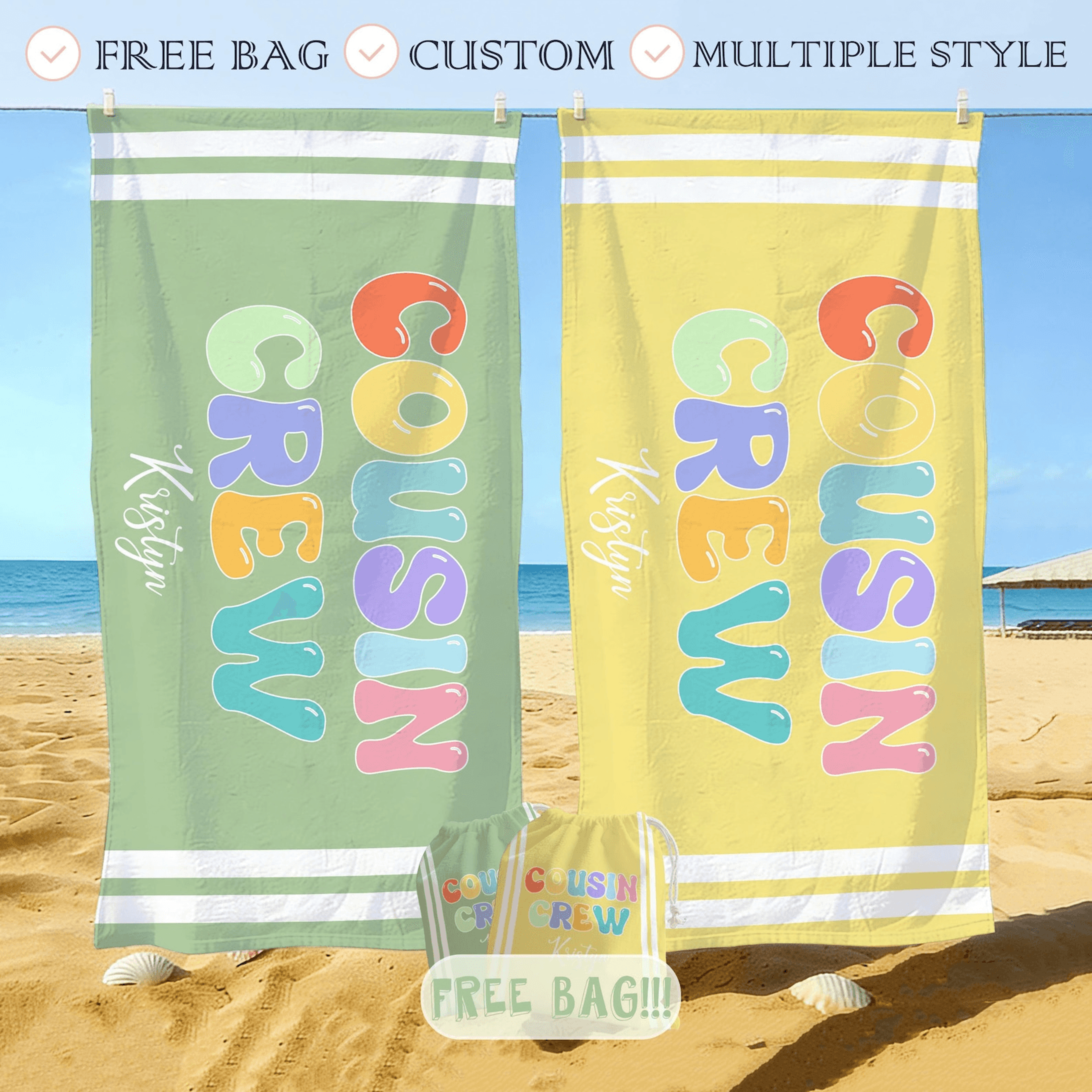 personalized cousin crew beach towel with custom name – perfect for family vacations and reunions