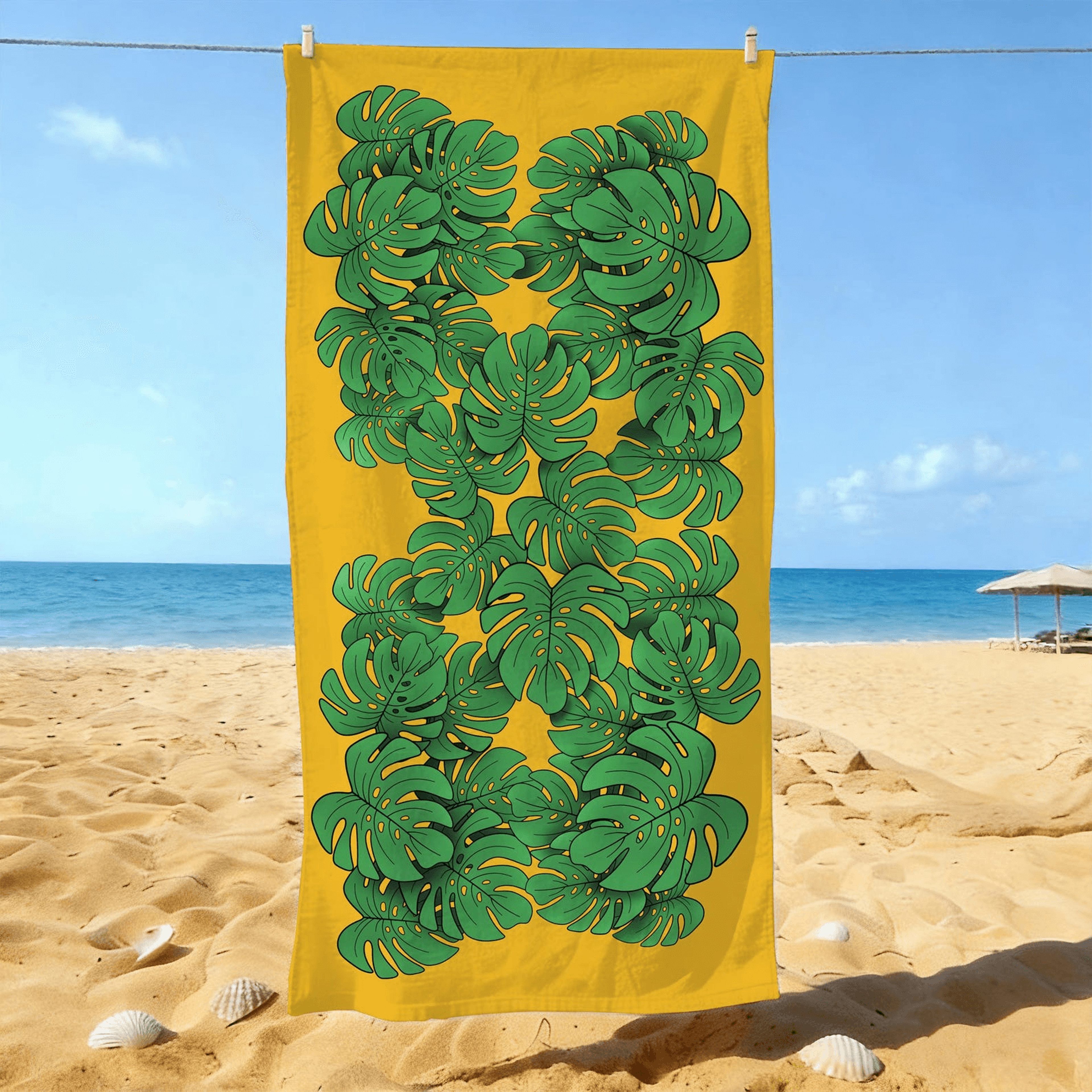 personalized tropical leaf beach towel with custom name – vibrant vacation and poolside essential