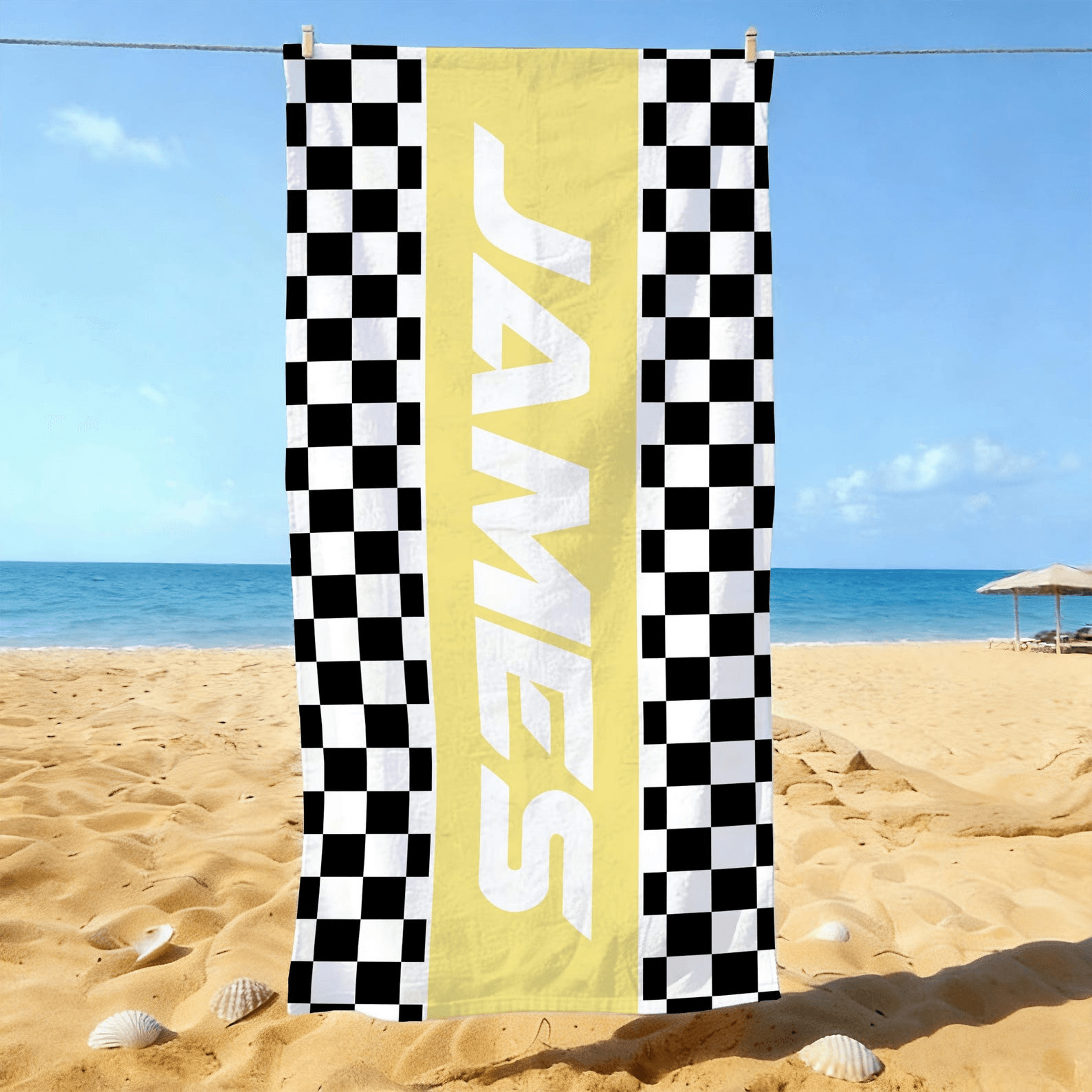 personalized retro checkered flag beach towel with custom name for racing fans and summer adventures