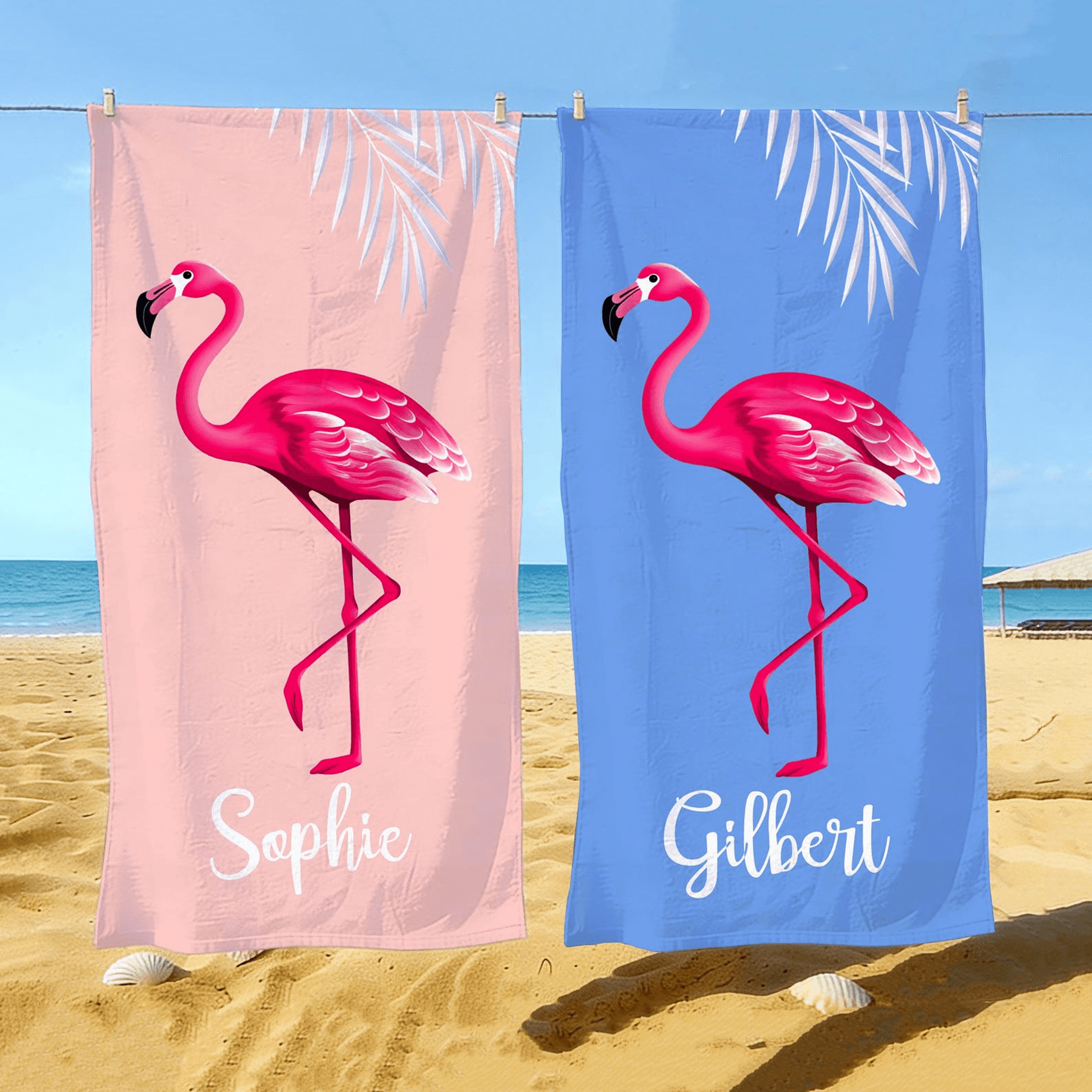 personalized tropical flamingo beach towel with custom name for girls, vacations & celebrations
