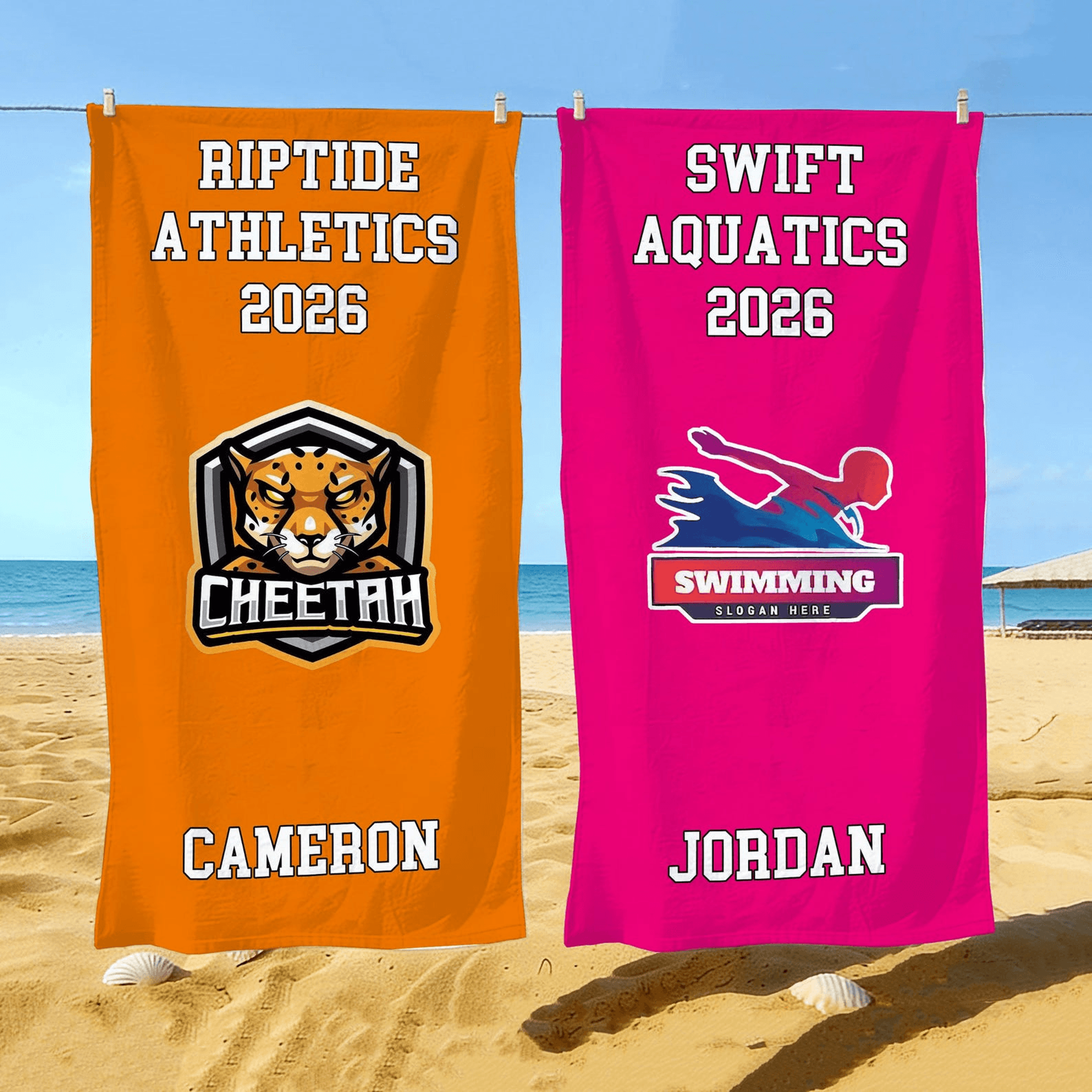 personalized swim team logo beach towel with custom name – perfect for swimmers, teams & summer adventures