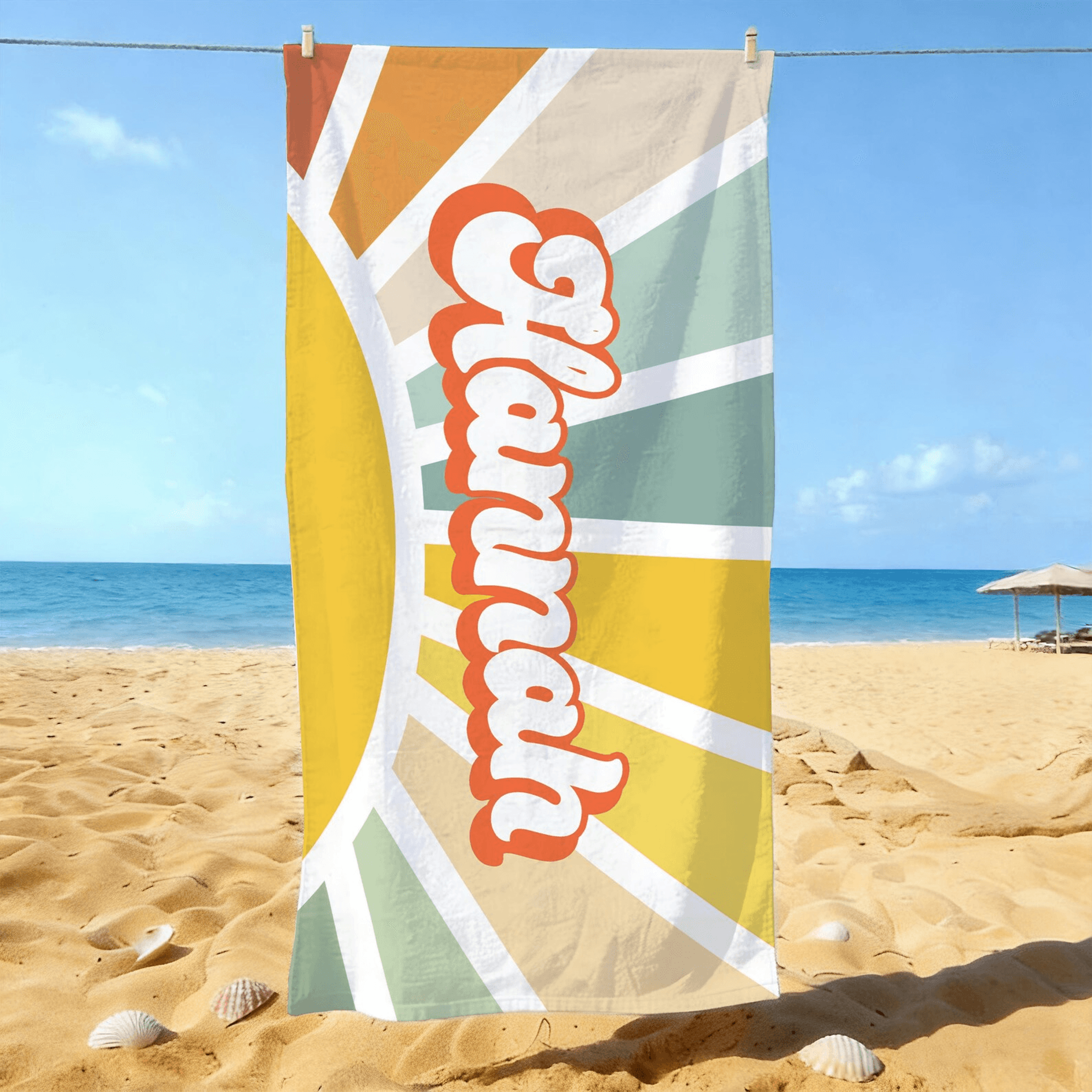 personalized groovy retro beach towel with custom name – colorful summer essential for kids