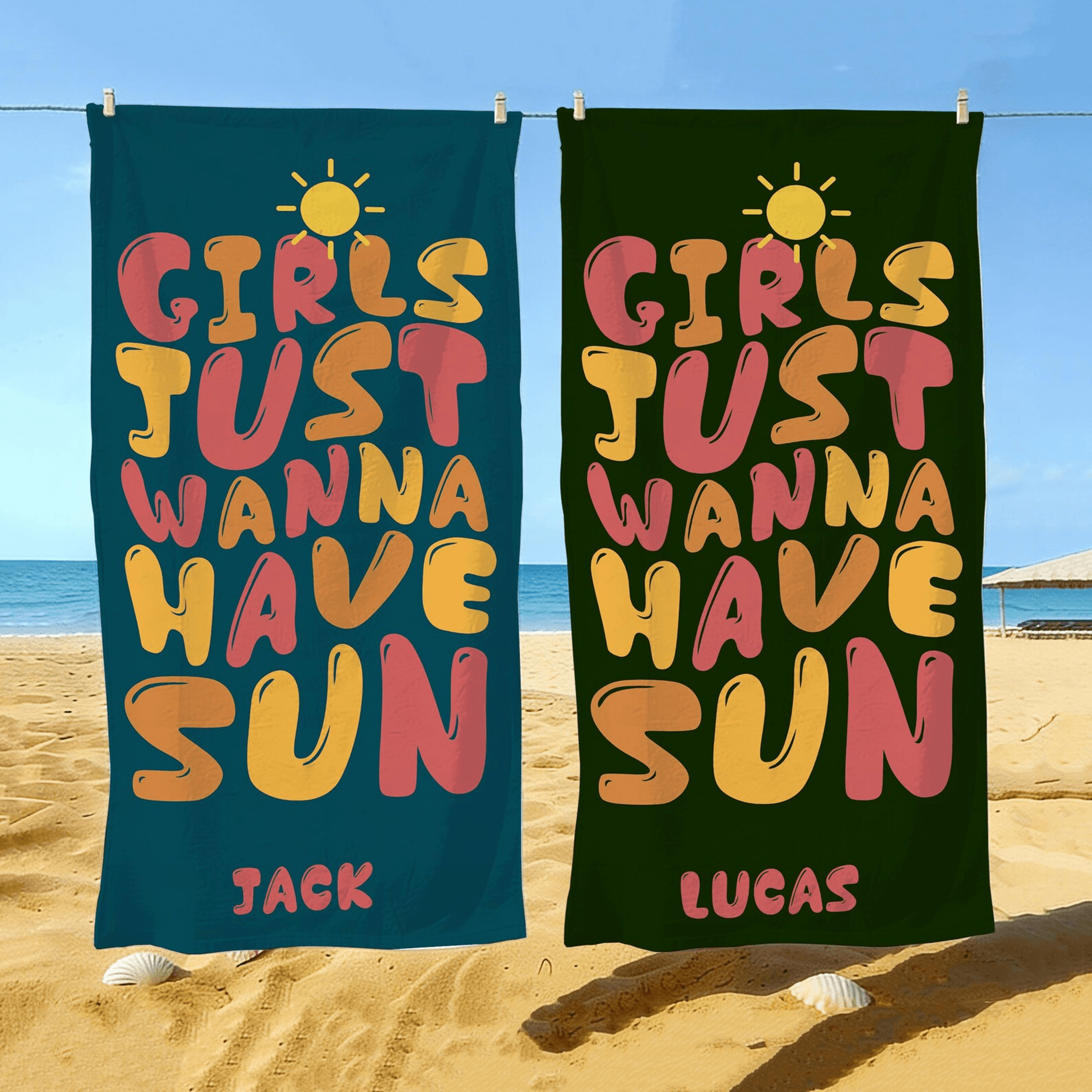 personalized girls just wanna have sun beach towel with custom name – fun retro gift for girls and group trips