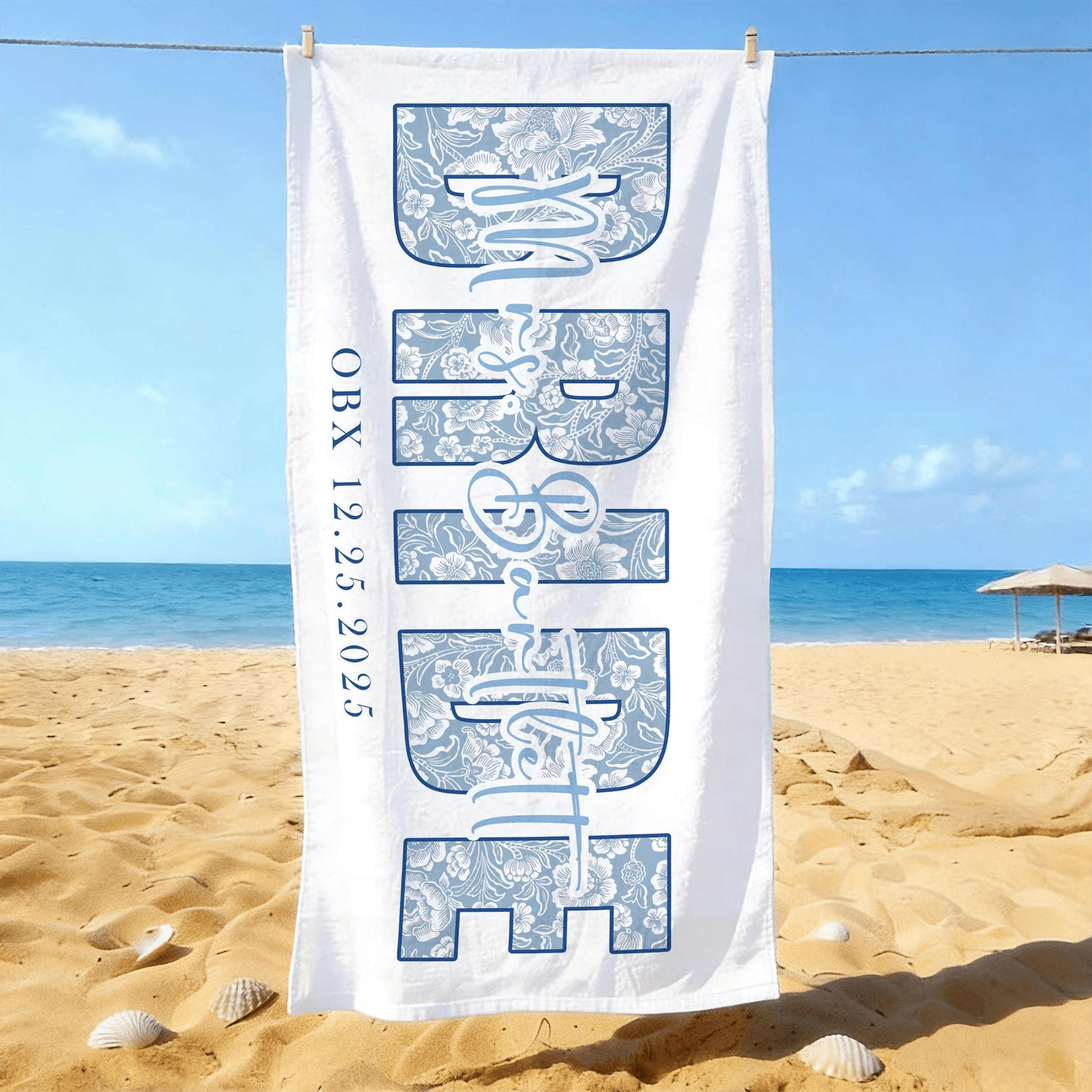 personalized bride beach towel with custom name – elegant wedding and honeymoon gift