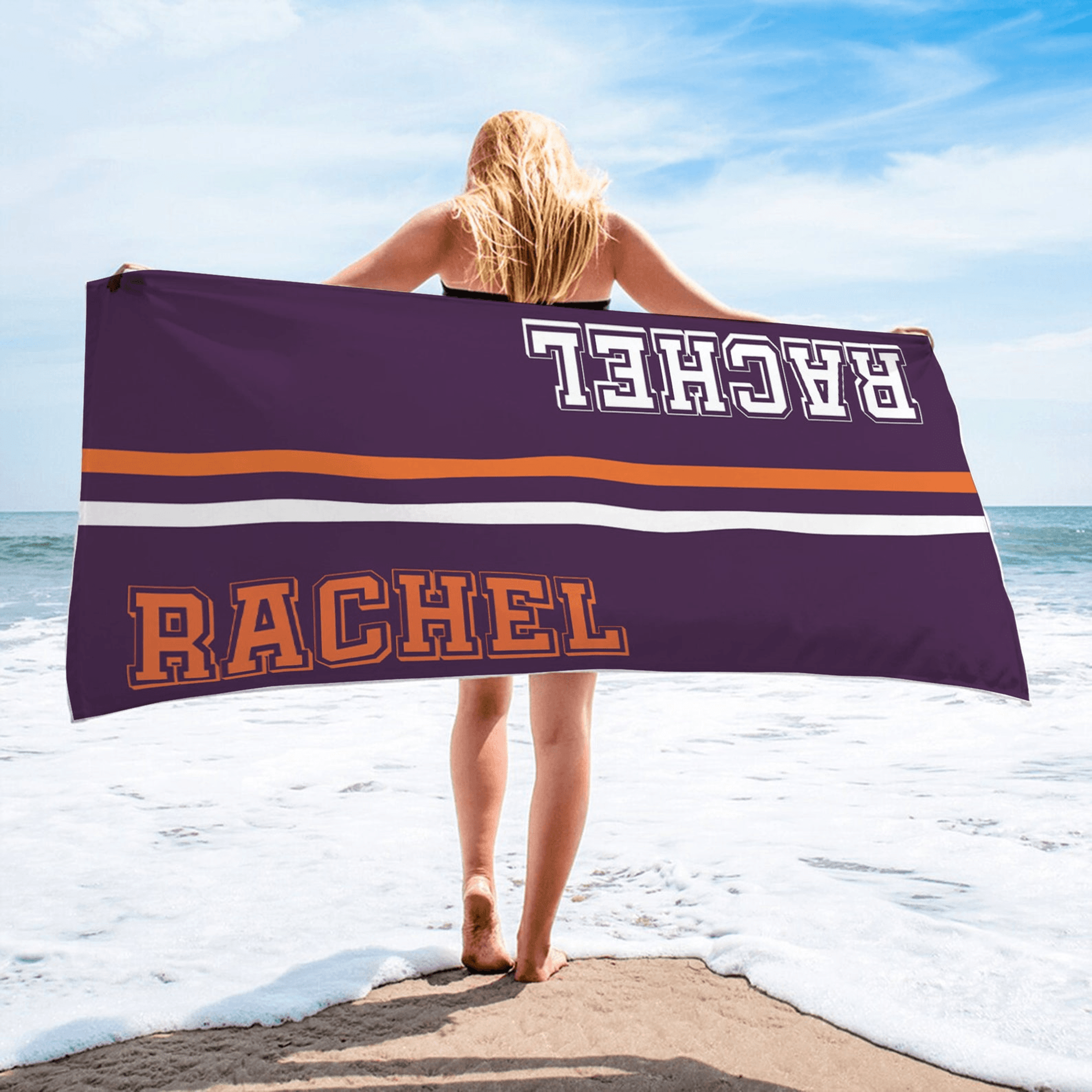 personalized retro beach towel with custom name – stylish summer vacation essential