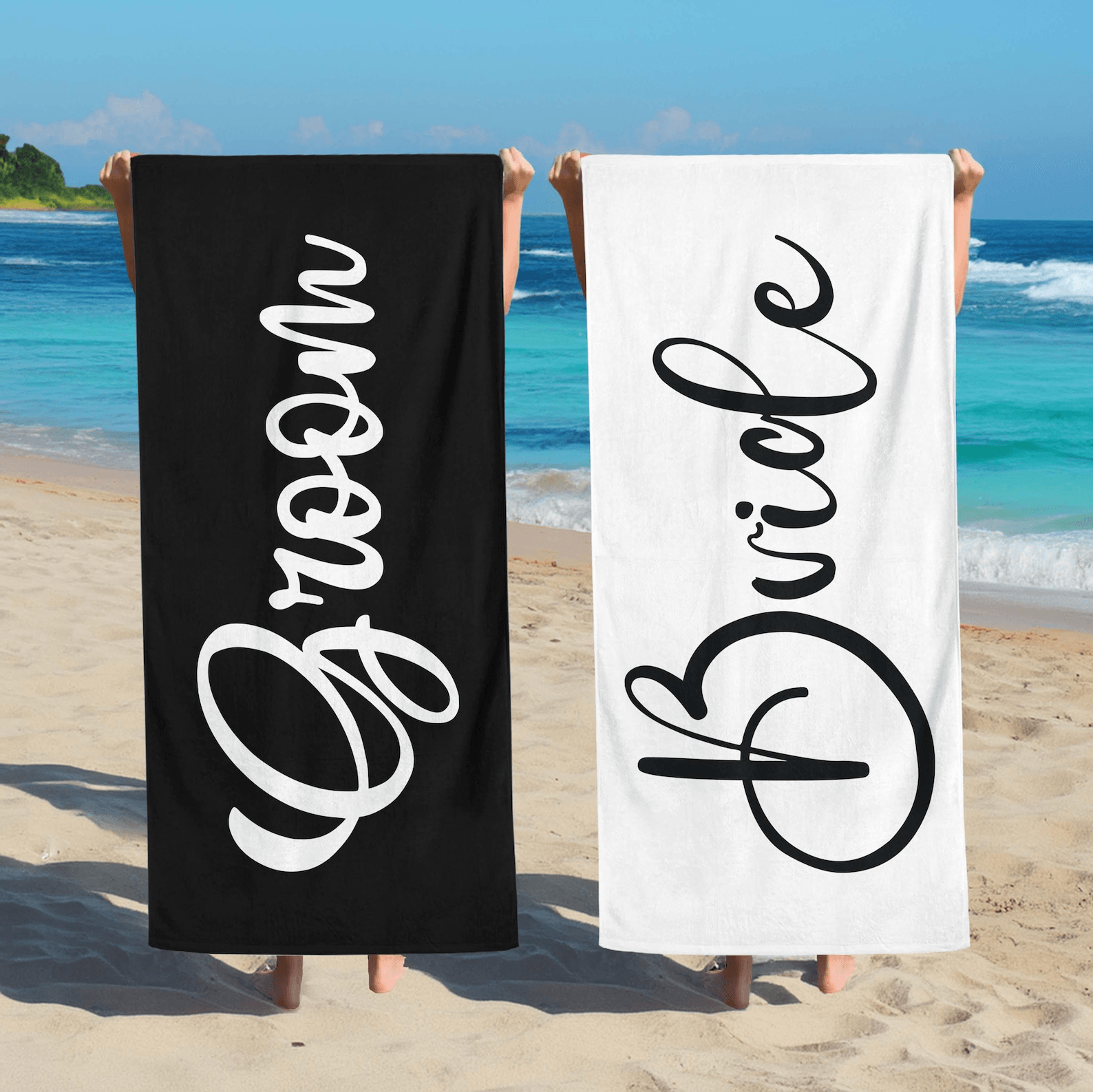 personalized bride & groom beach towels – custom honeymoon gift for newlyweds