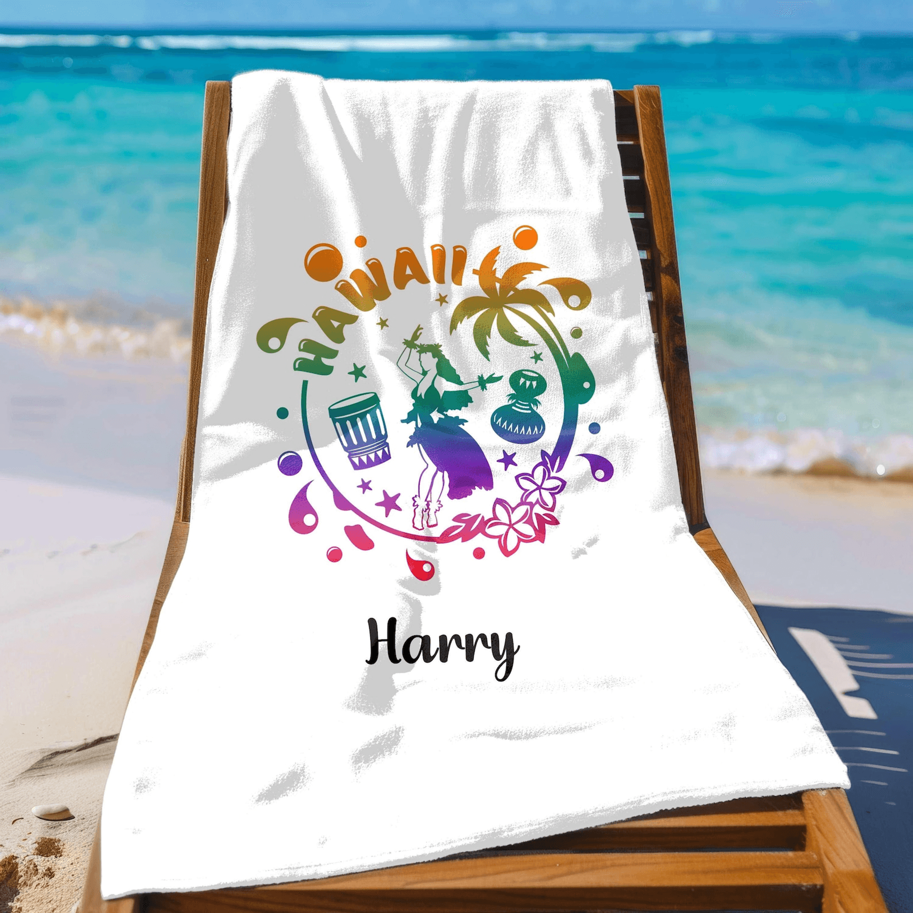 personalized hawaiian hula girl beach towel with custom name tropical vacation gift