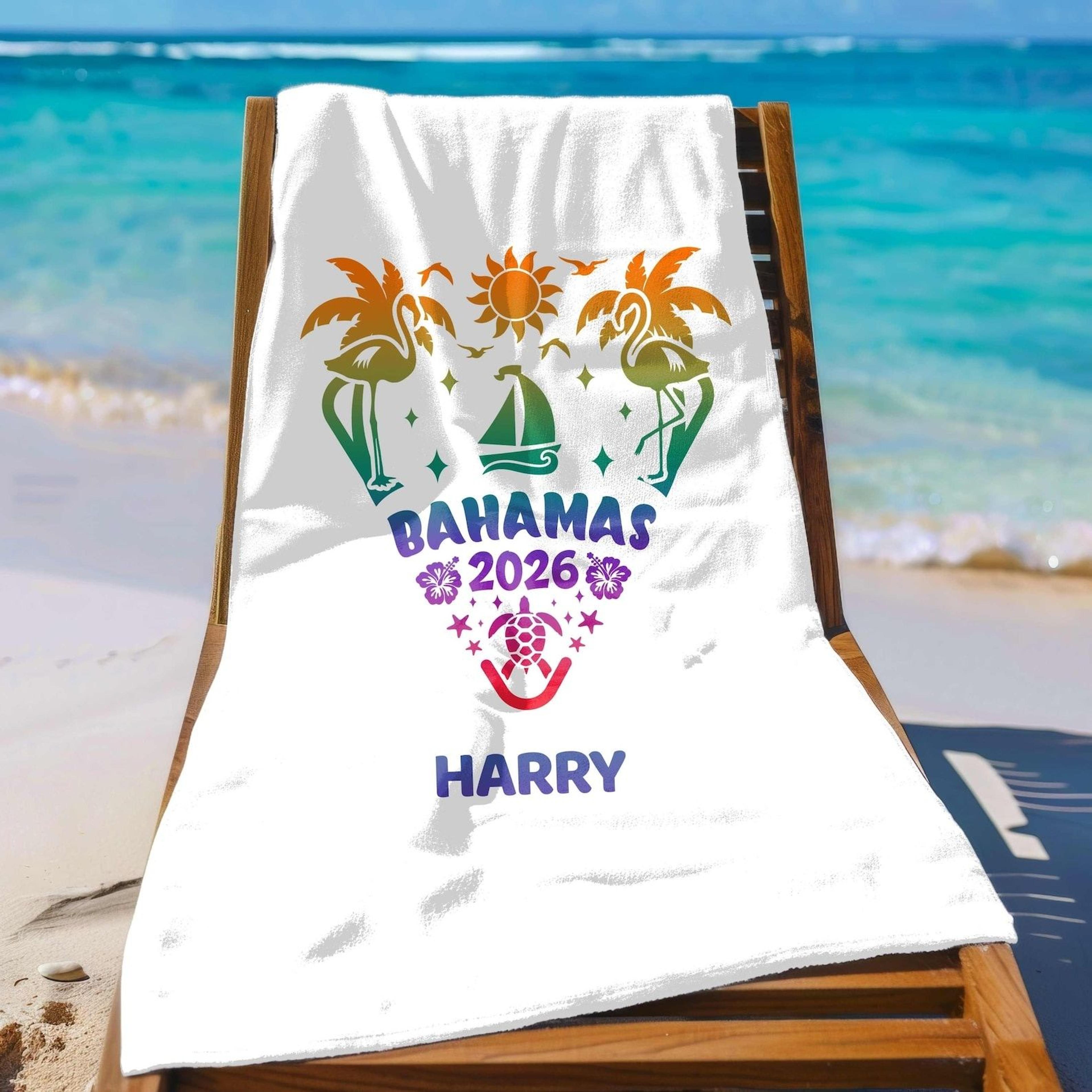 custom bahamas 2026 beach towel with name tropical flamingo cruise vacation gift