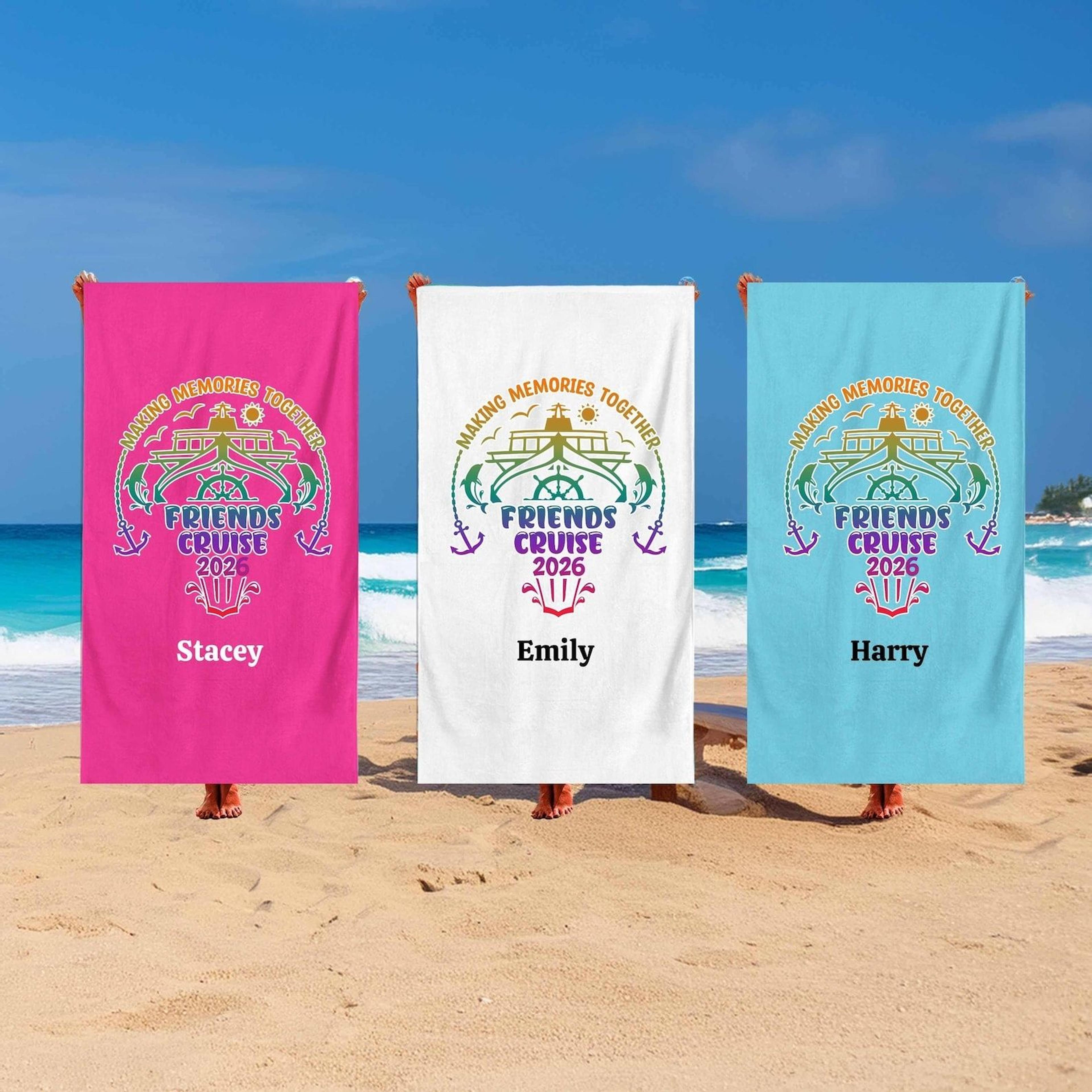 friends cruise 2026 personalized beach towel with custom name matching group vacation gift