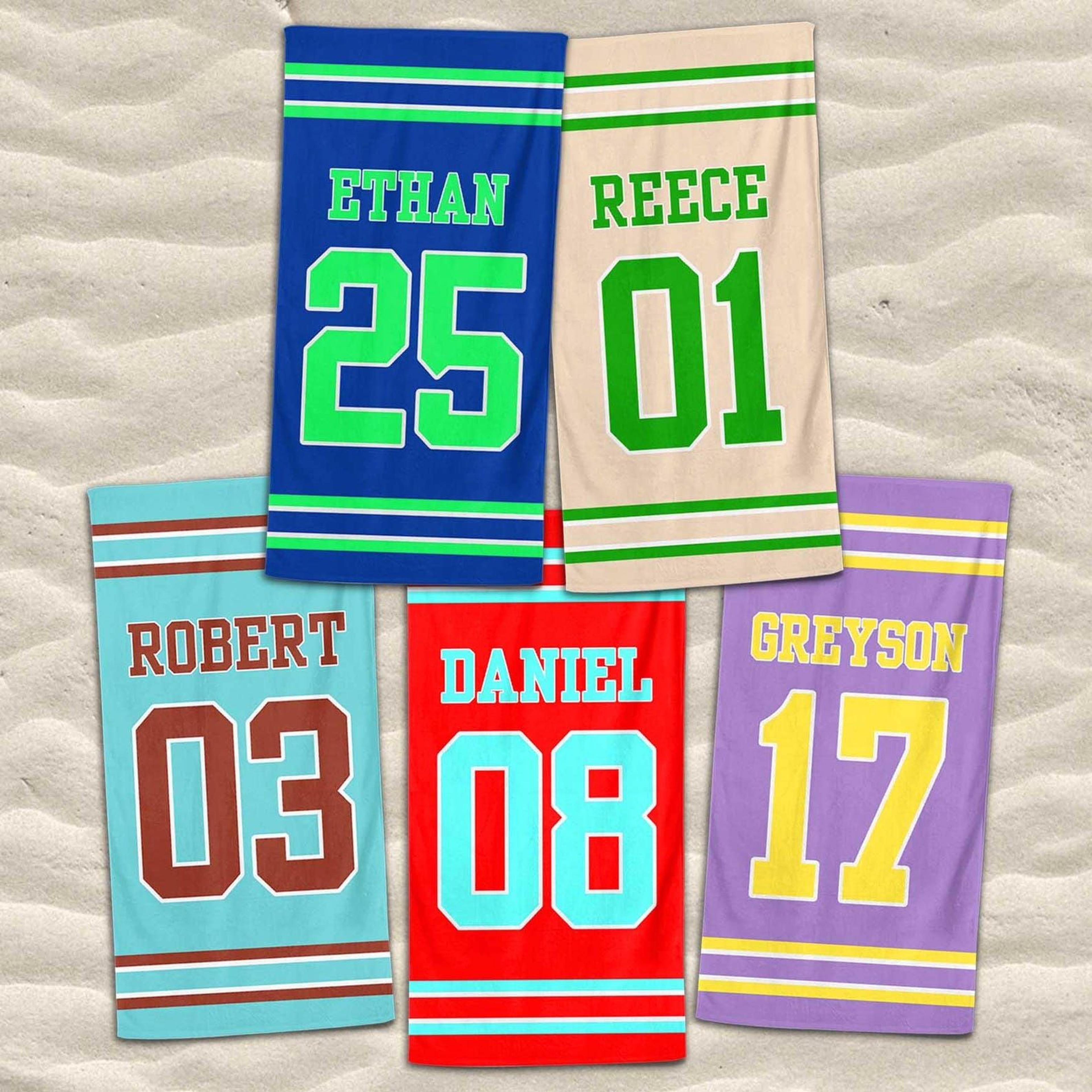 jersey style beach towel with custom name and number sports team summer gift