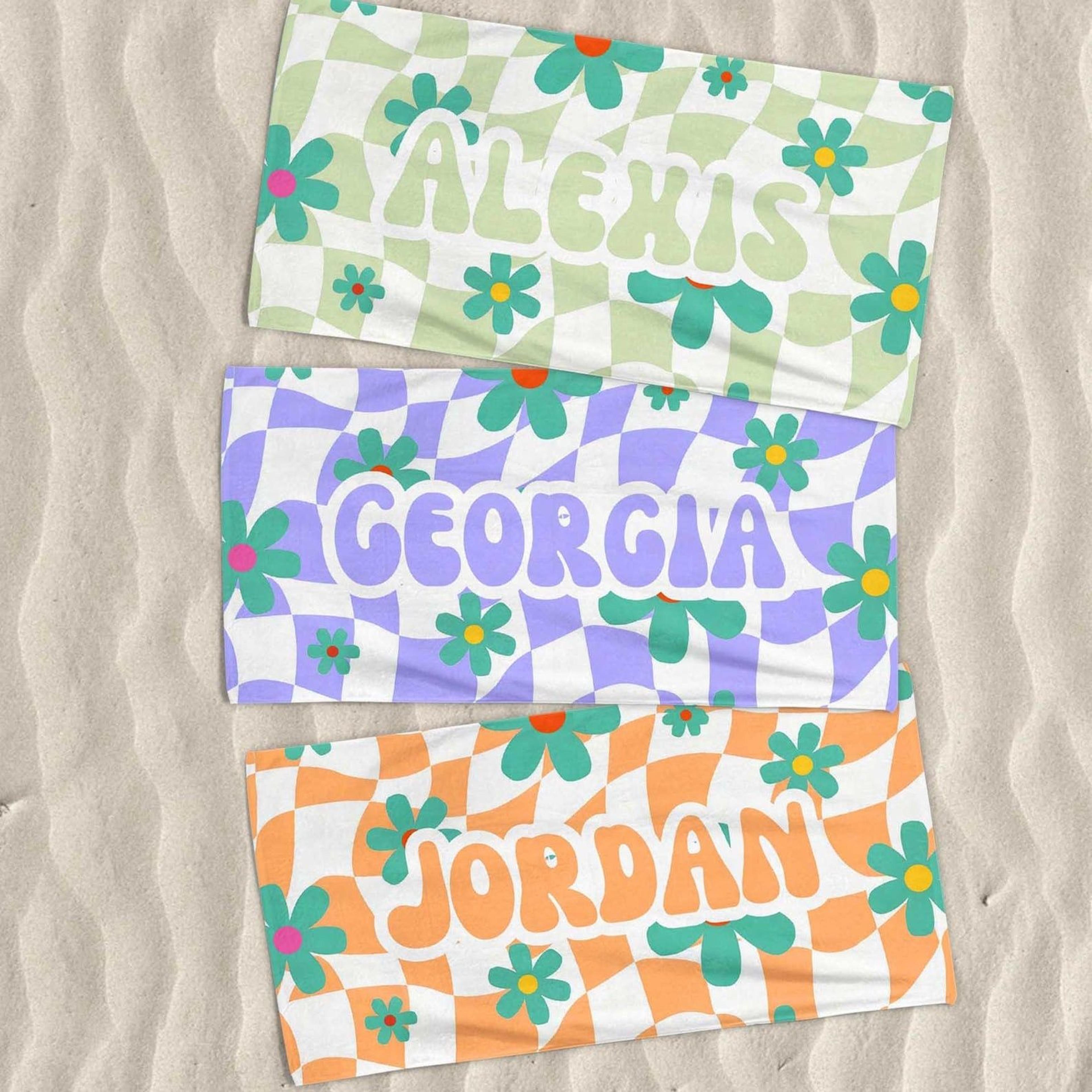 custom name wavy checkered beach towel personalized floral summer vacation gift