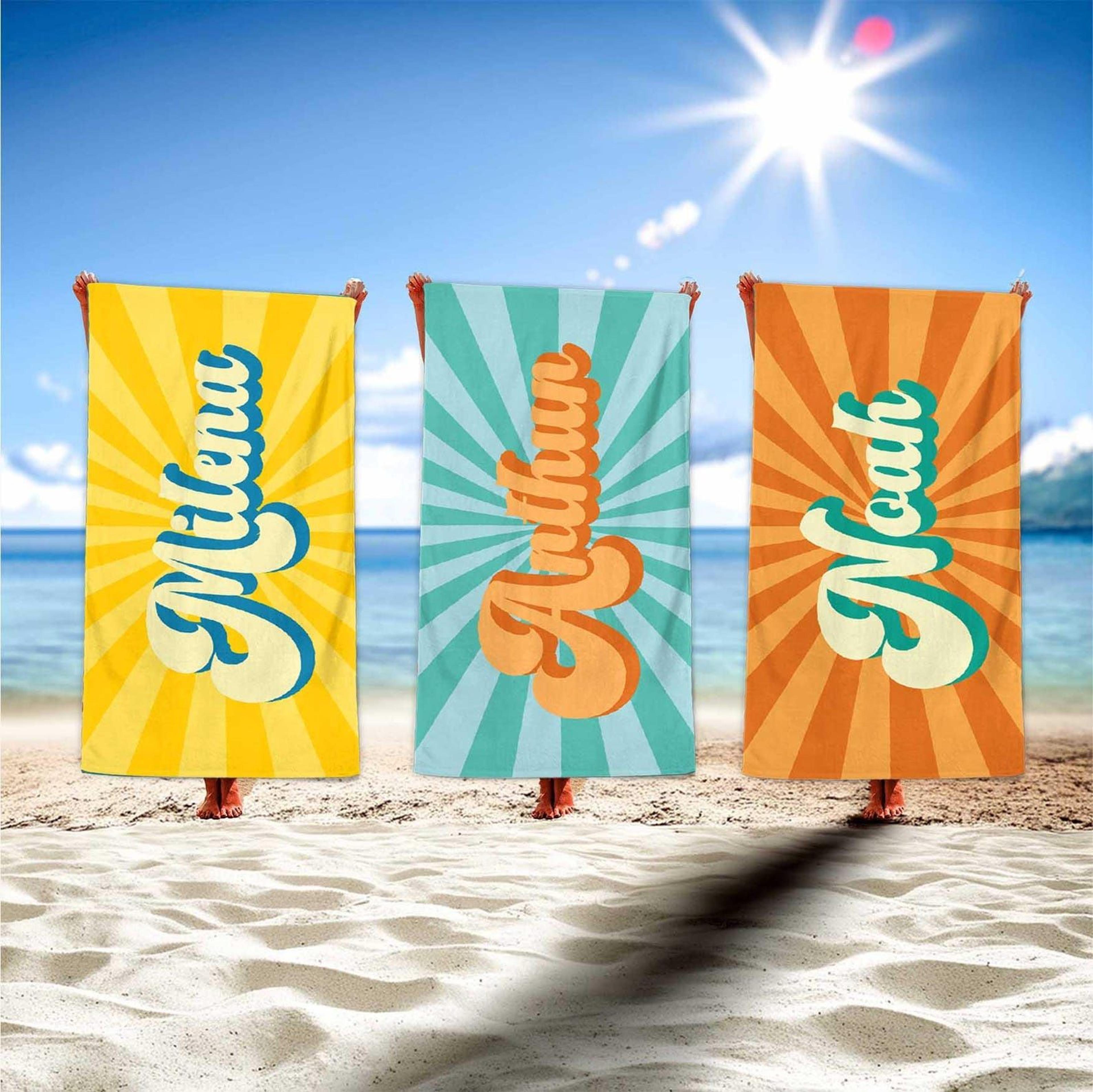 custom name retro sunburst beach towel personalized summer vacation gift