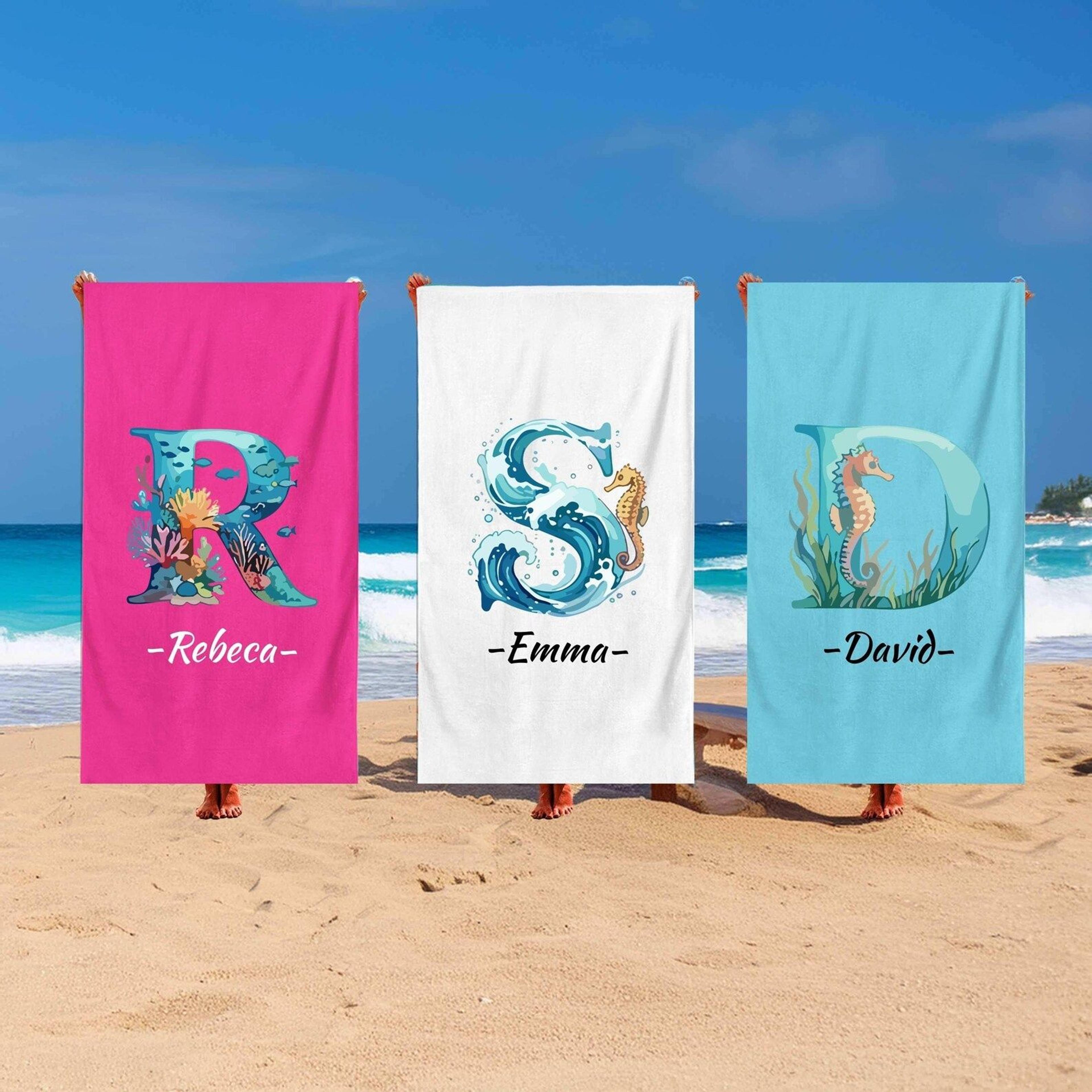 personalized initial beach towel ocean theme custom monogram summer gift