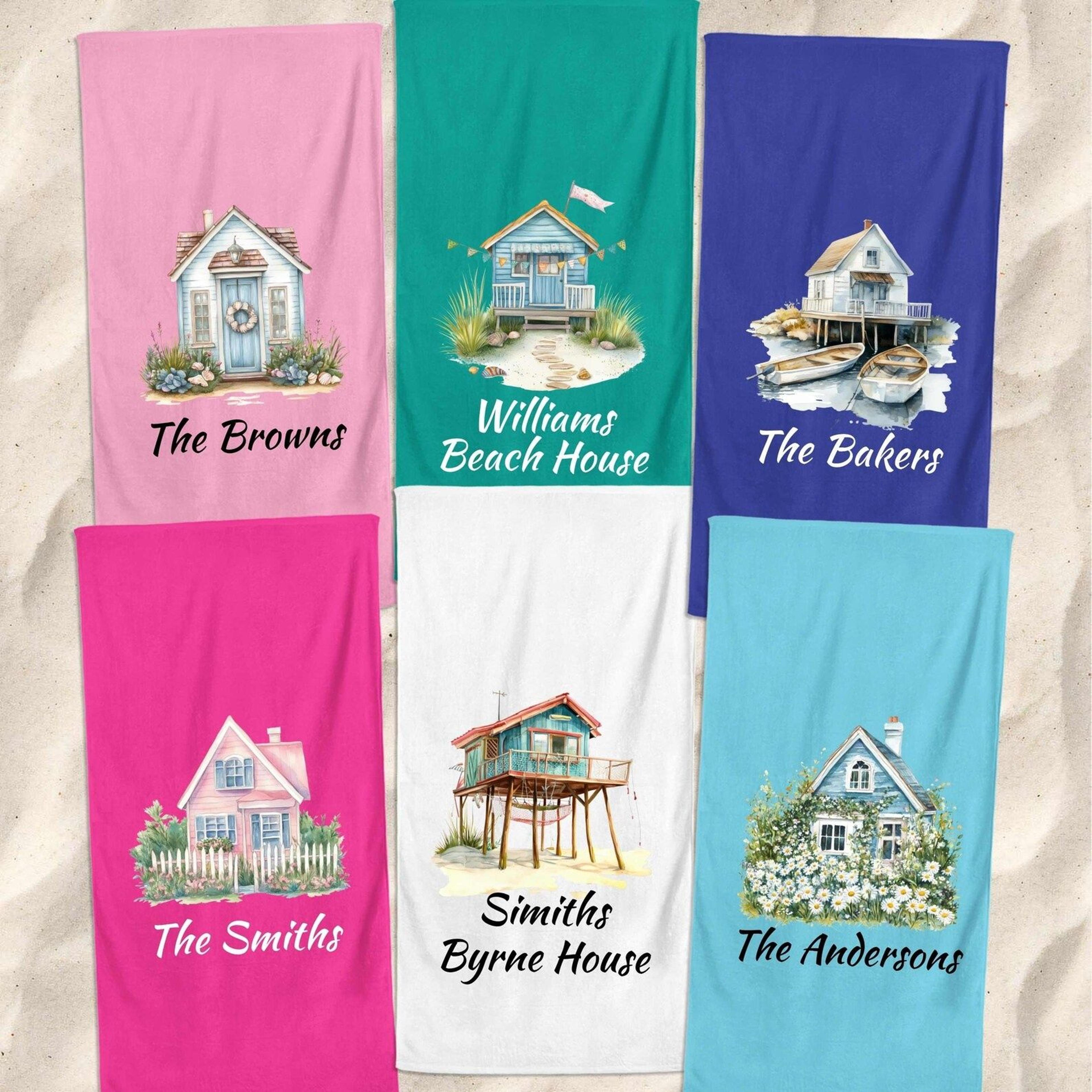 personalized beach house towel with custom family name coastal summer gift