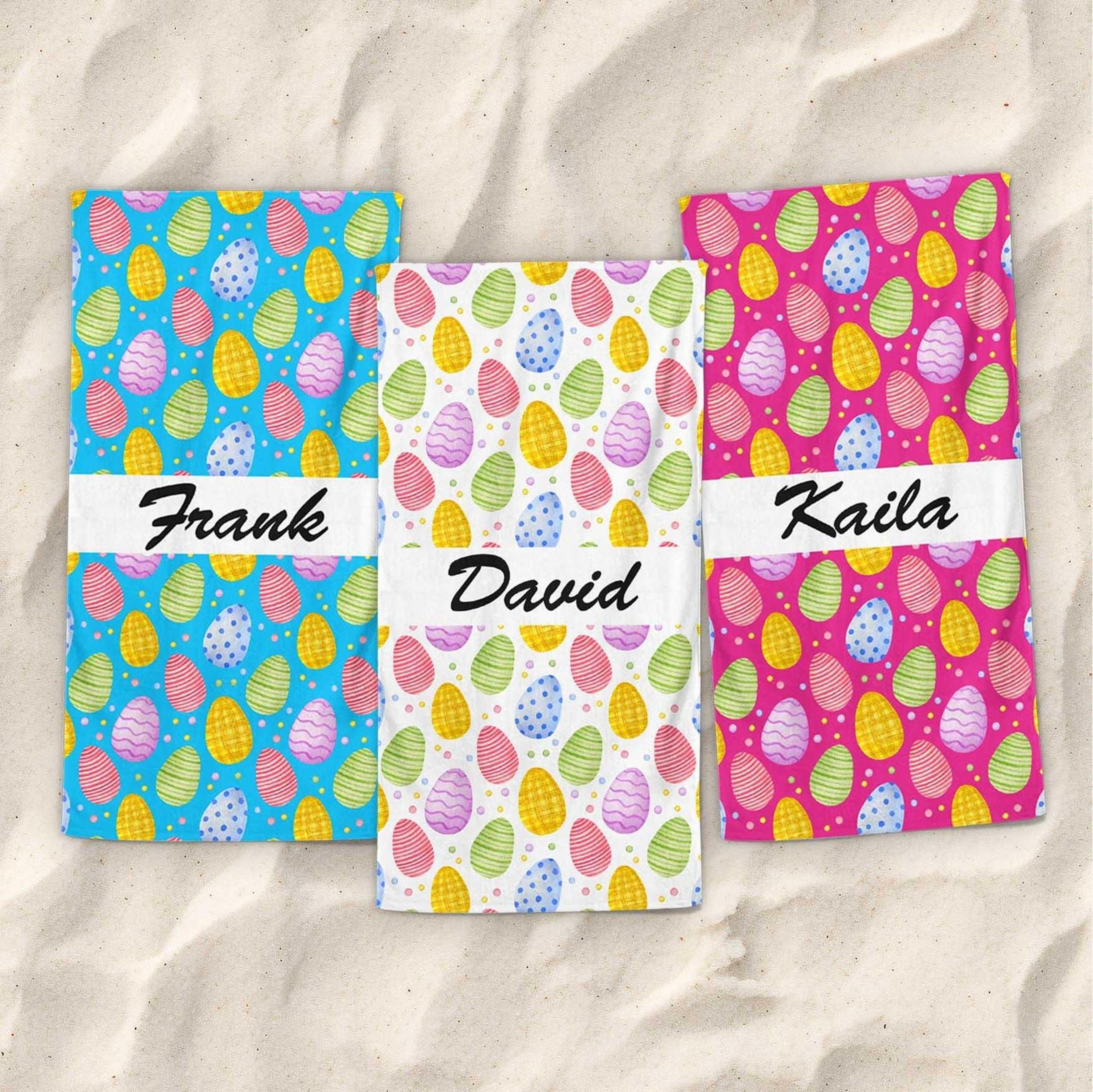 personalized easter egg beach towel – custom name spring pool & beach towel for kids