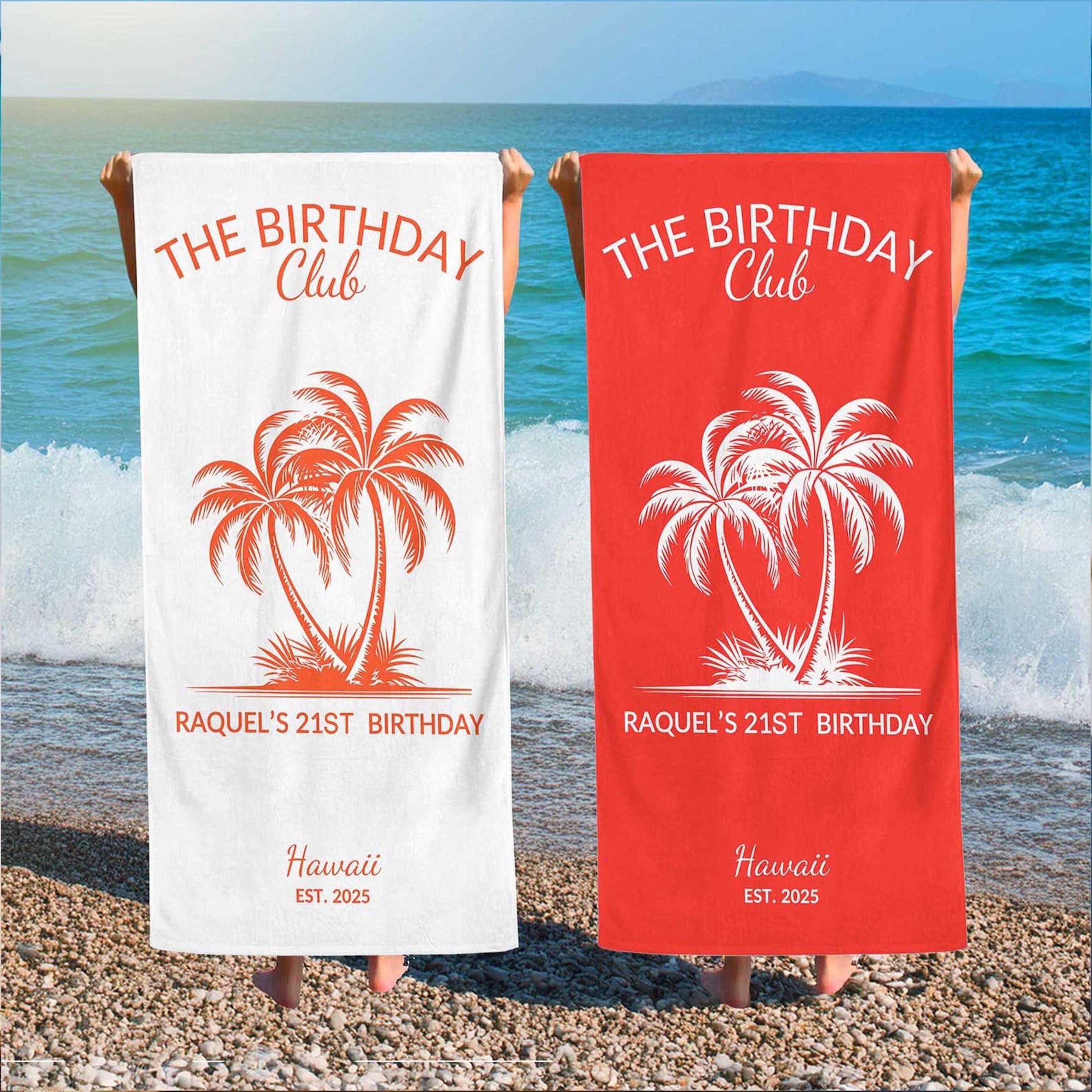 personalized birthday club beach towel – custom matching birthday trip & travel group gift