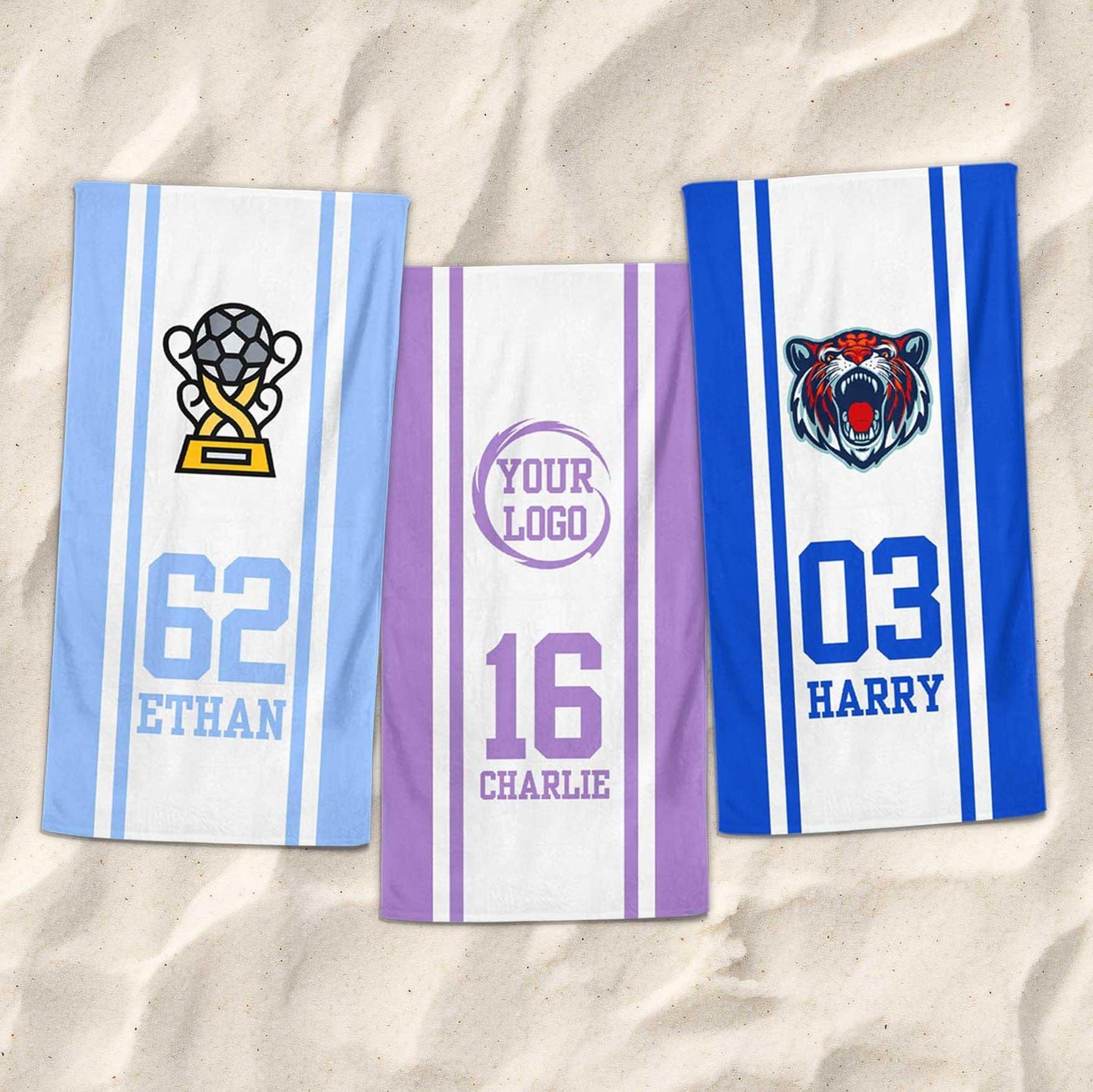 personalized sports team beach towel – custom name, number & logo pool towel gift
