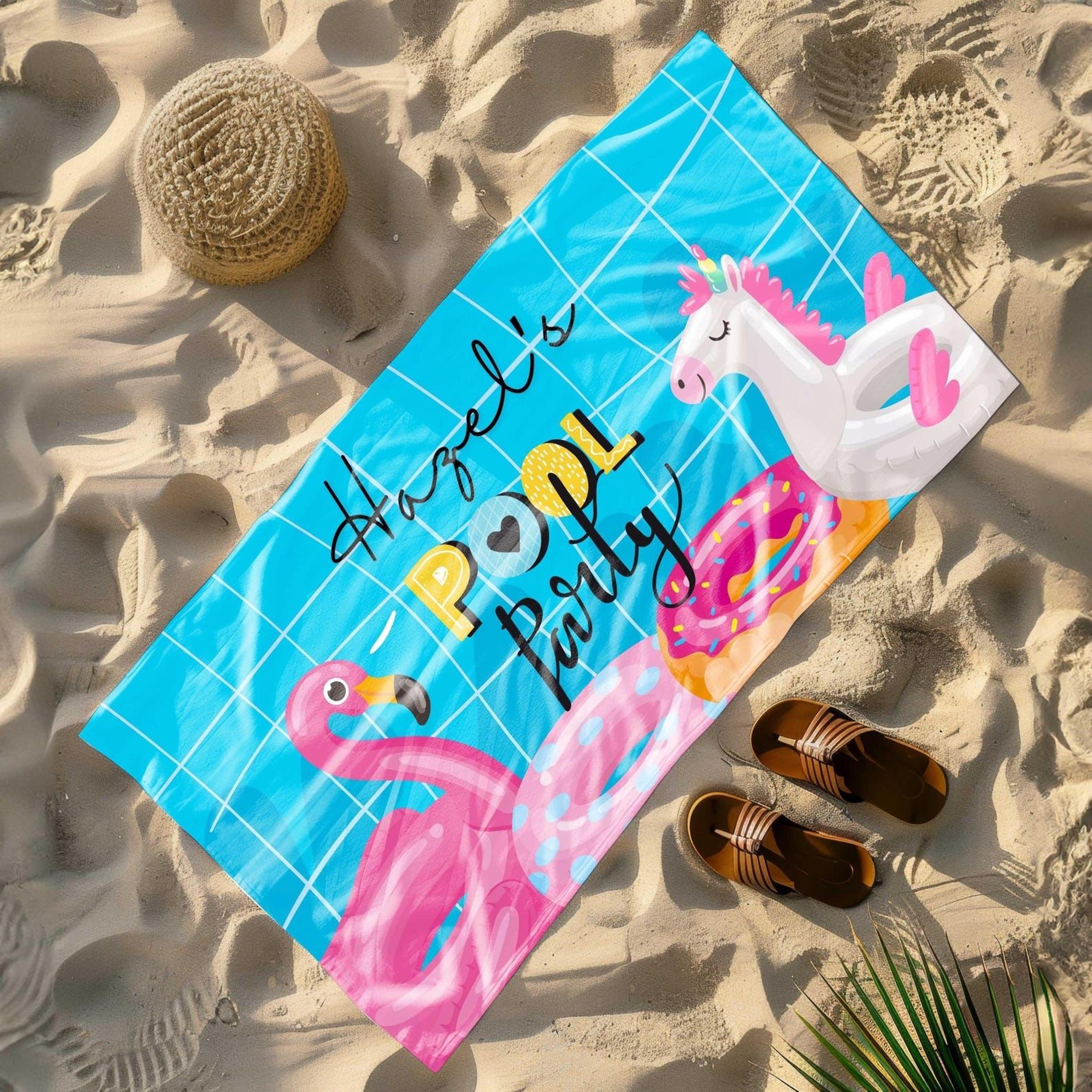 personalized unicorn beach towel – custom name pool party towel for girls