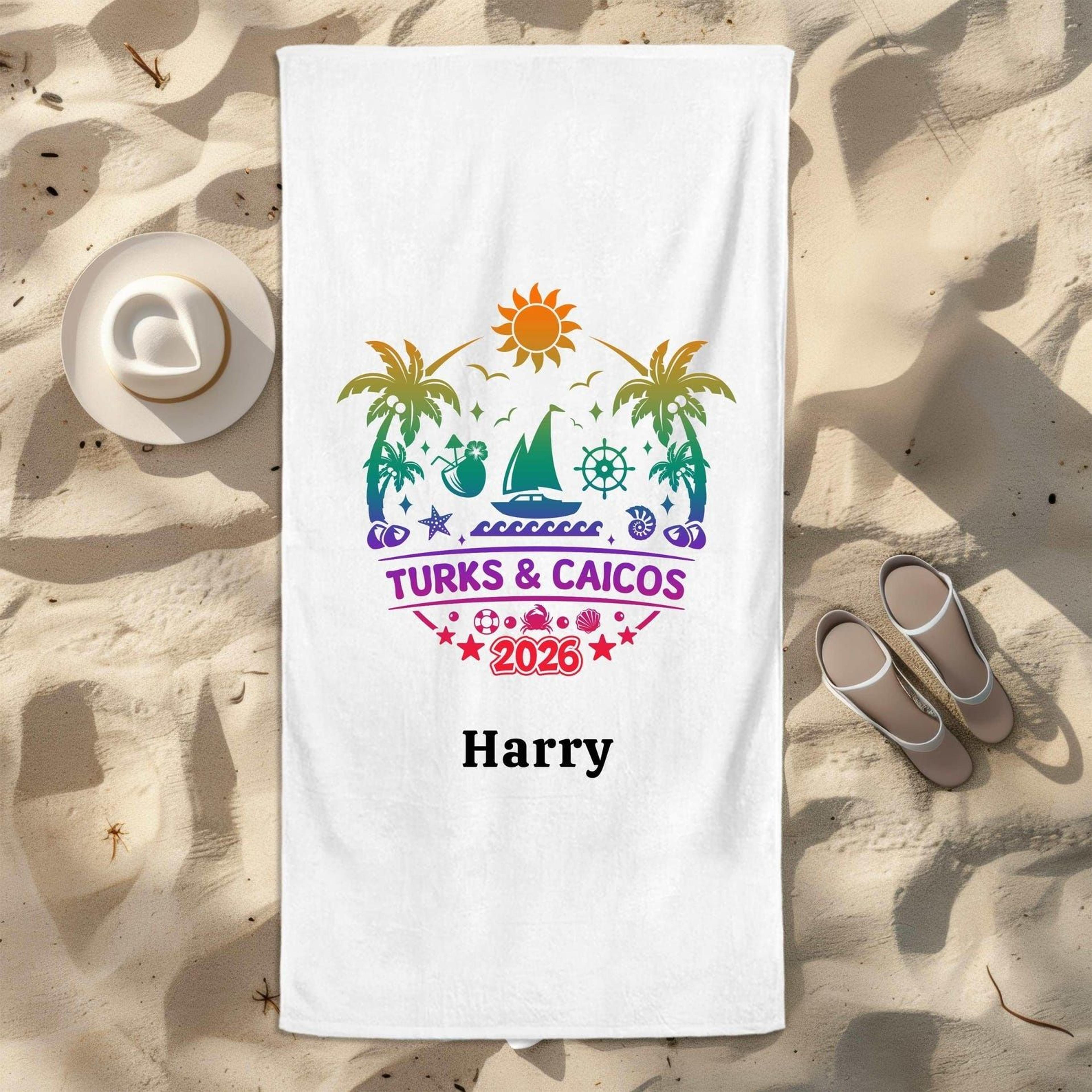 personalized turks & caicos 2026 beach towel – custom island vacation pool & travel gift