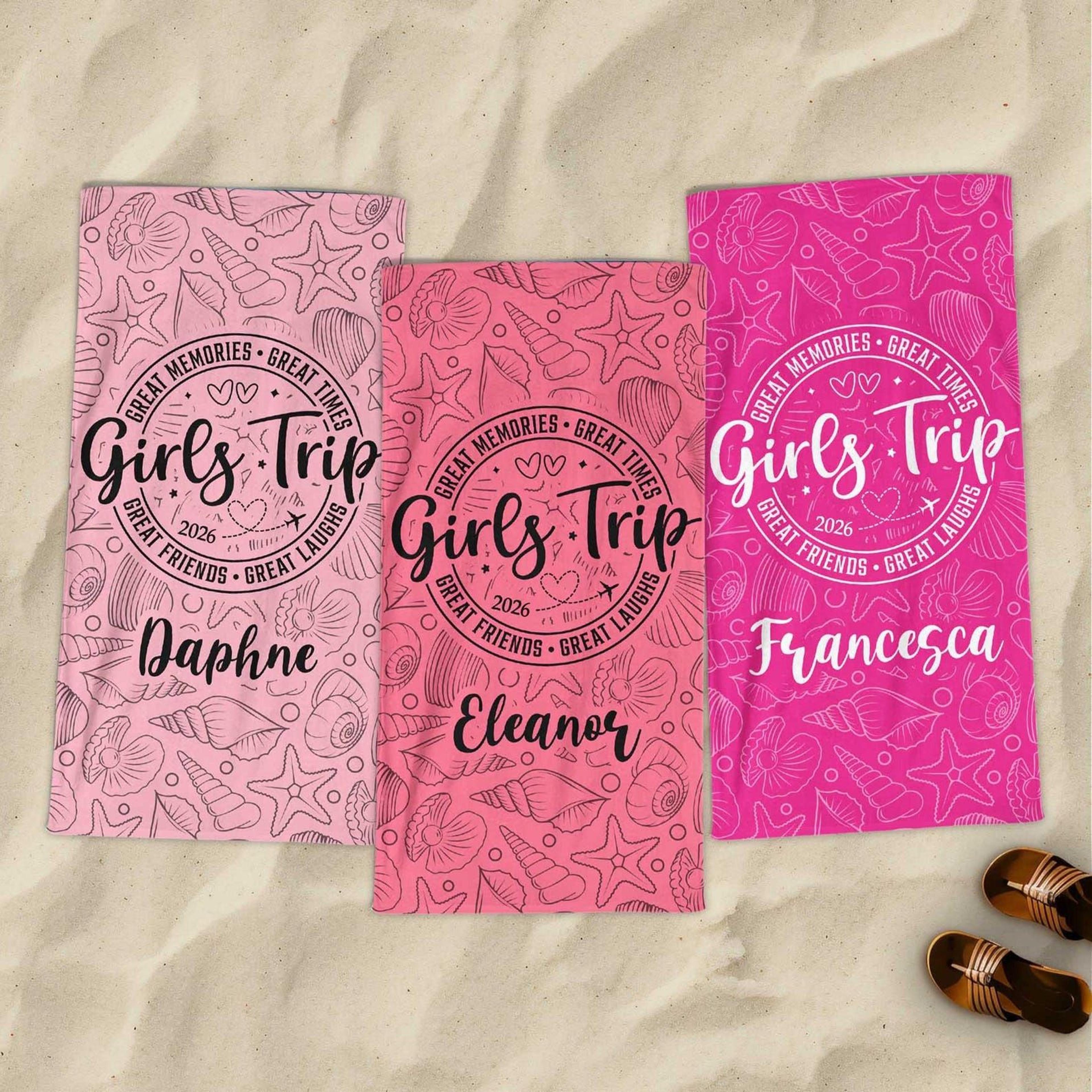 personalized girls trip 2026 beach towel – custom besties vacation pool & travel gift