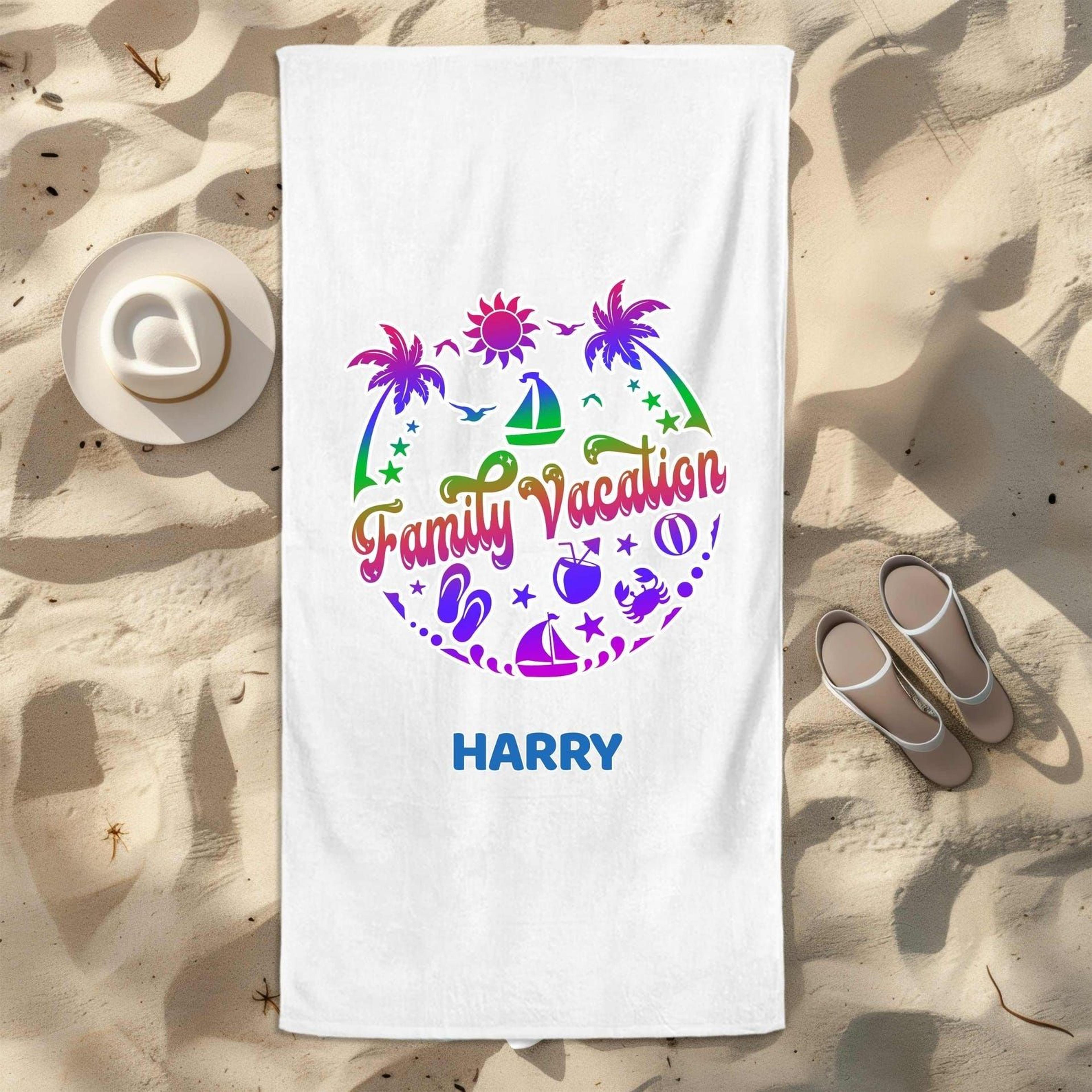 personalized family vacation beach towel – custom tropical travel towel for summer getaways