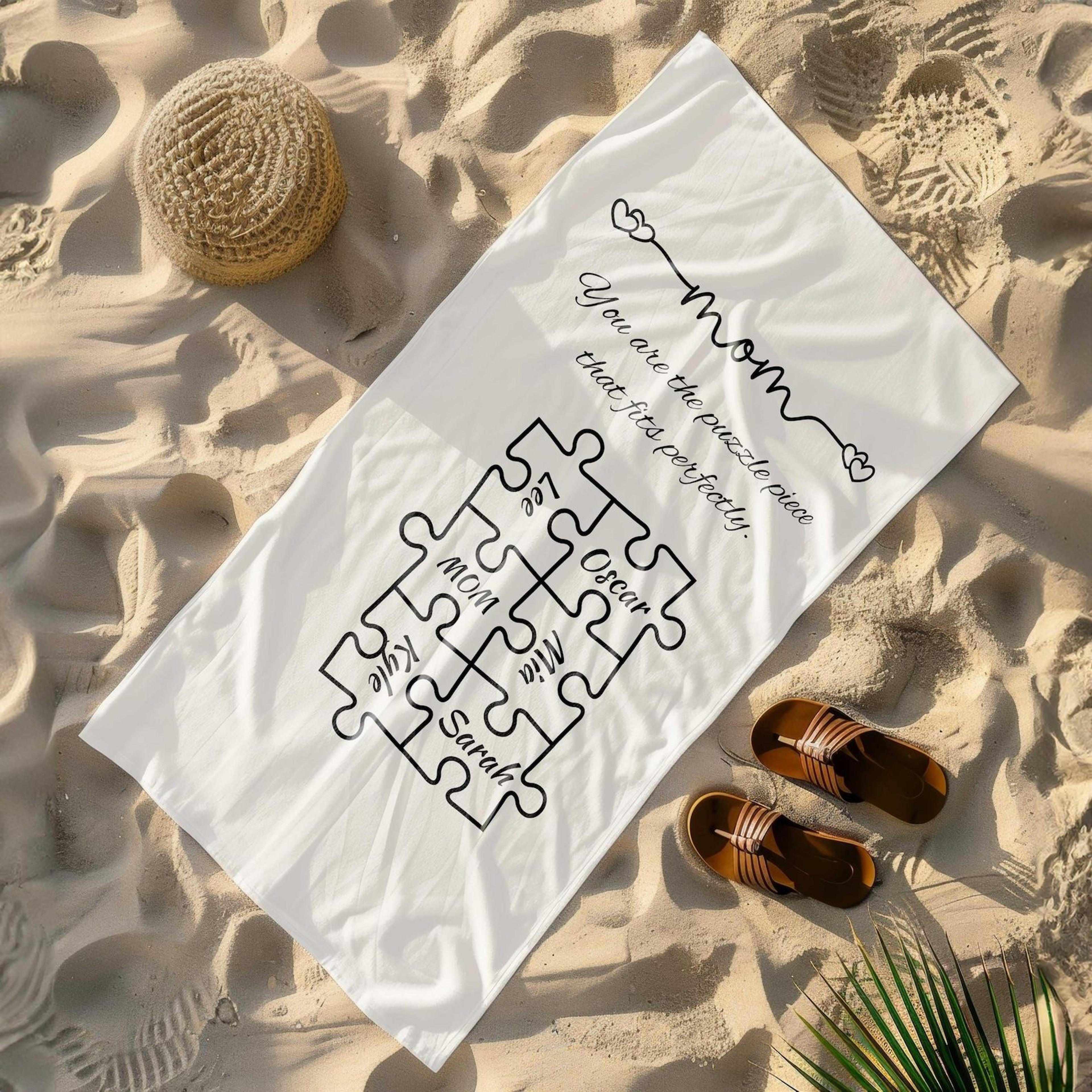 personalized puzzle piece beach towel – custom name gift for mom & family beach days