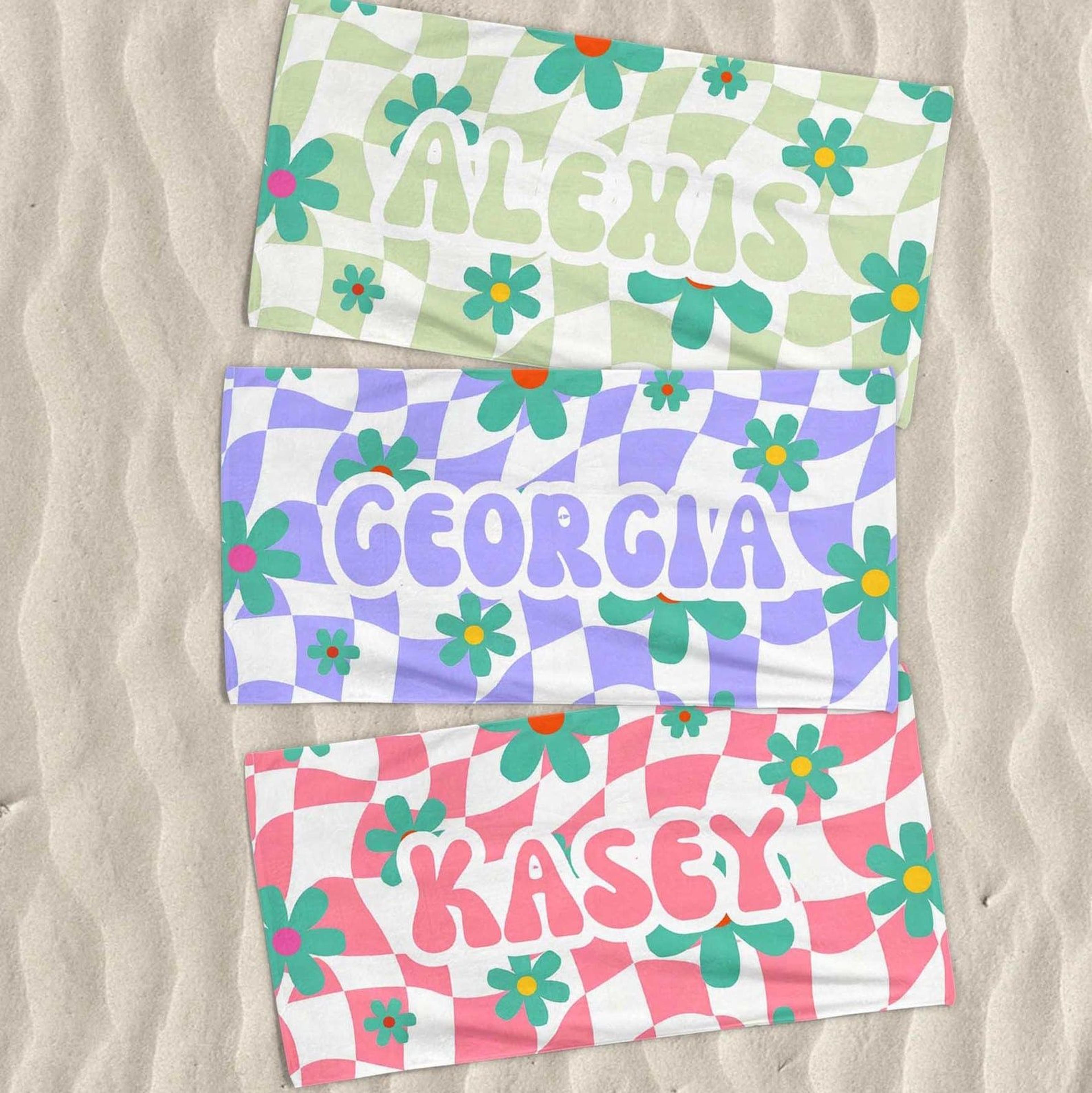 personalized floral checkerboard beach towel – custom summer vacation gift for girls