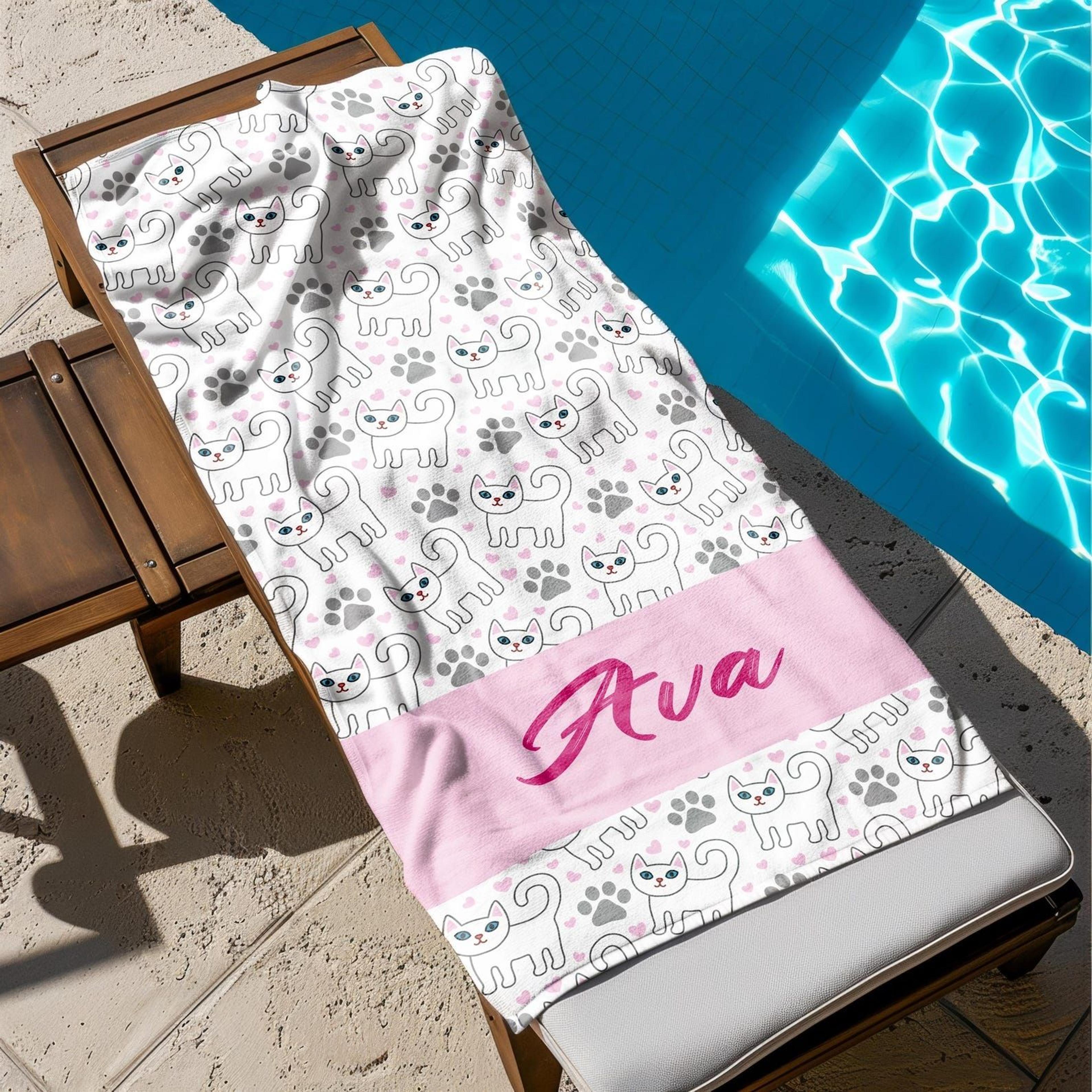 personalized cat beach towel – custom kitten pool towel for cat lovers