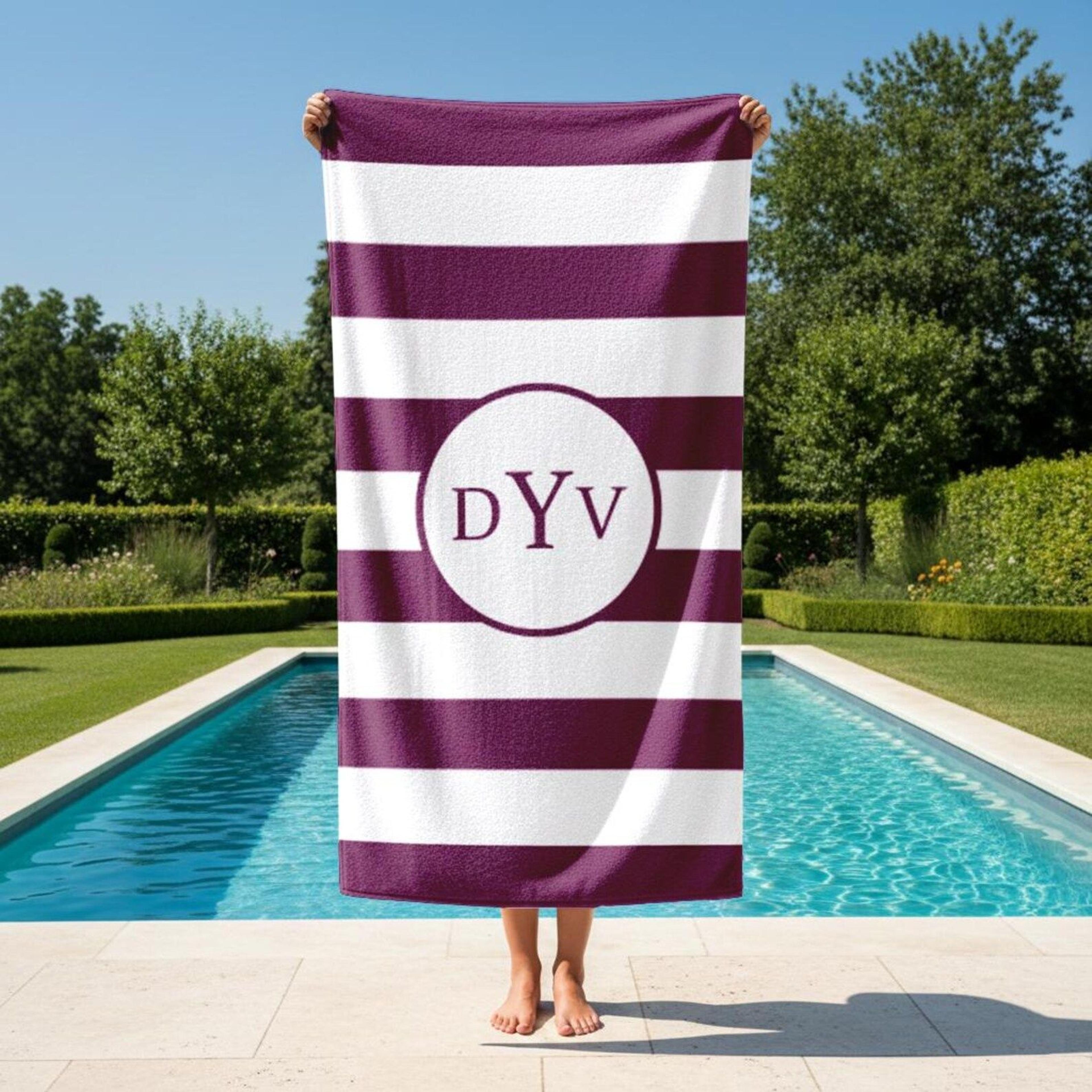 personalized retro stripe beach towel – custom name pool, bath & girls trip gift