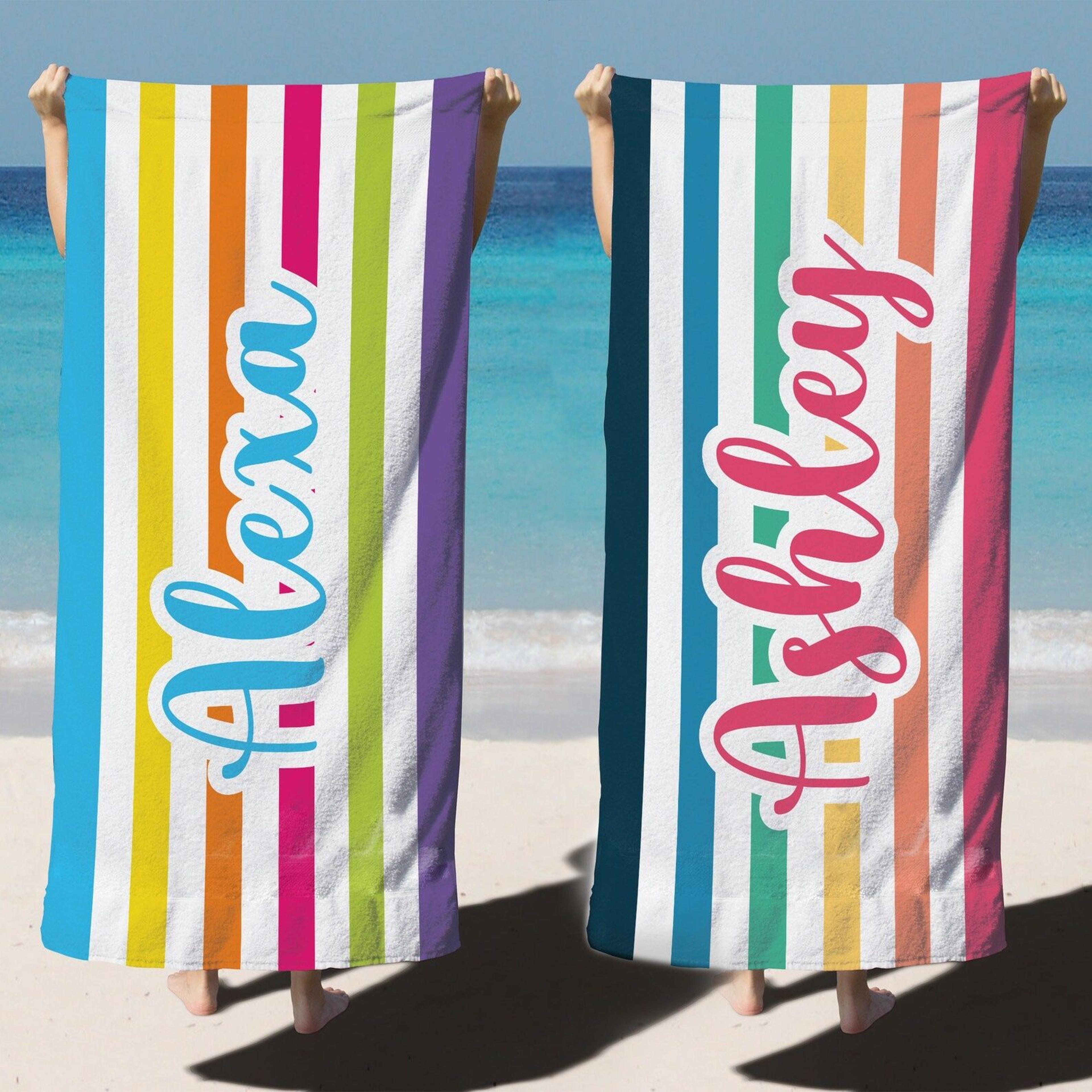 personalized groovy striped beach towel – custom bachelorette party & girls trip gift