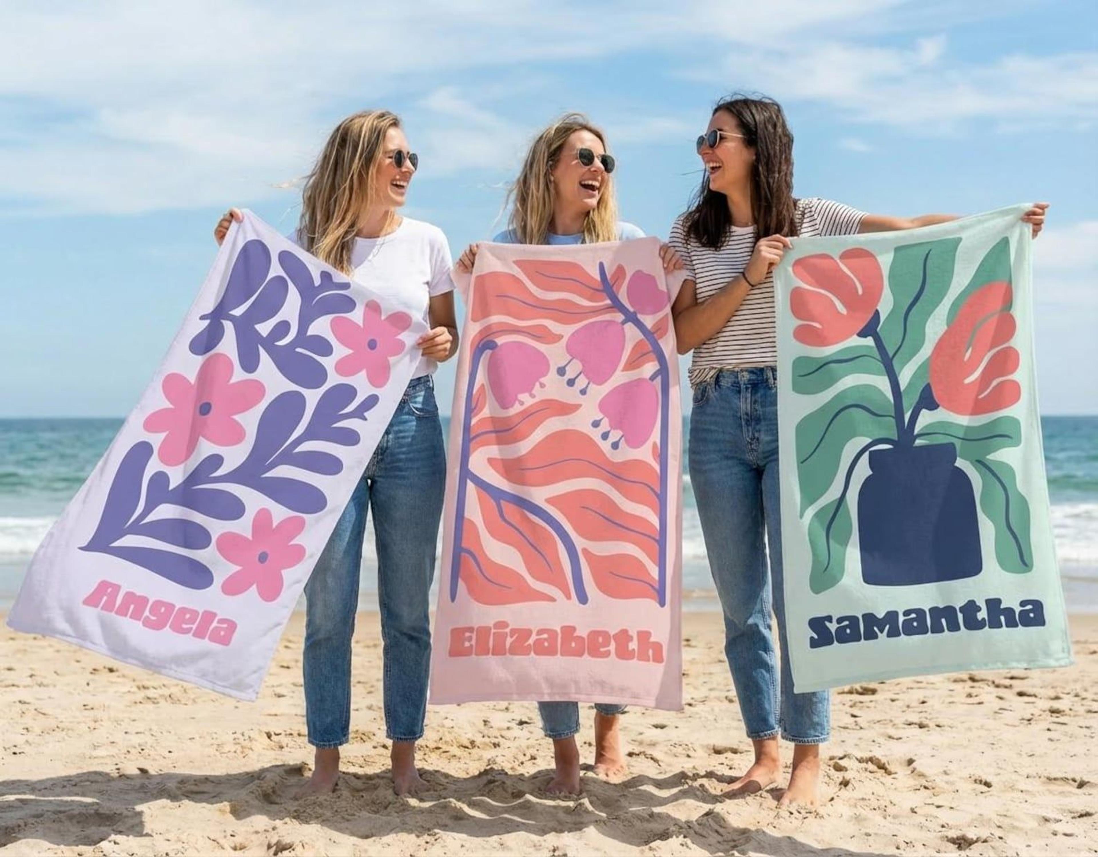 retro floral personalized beach towel custom name summer gift for women