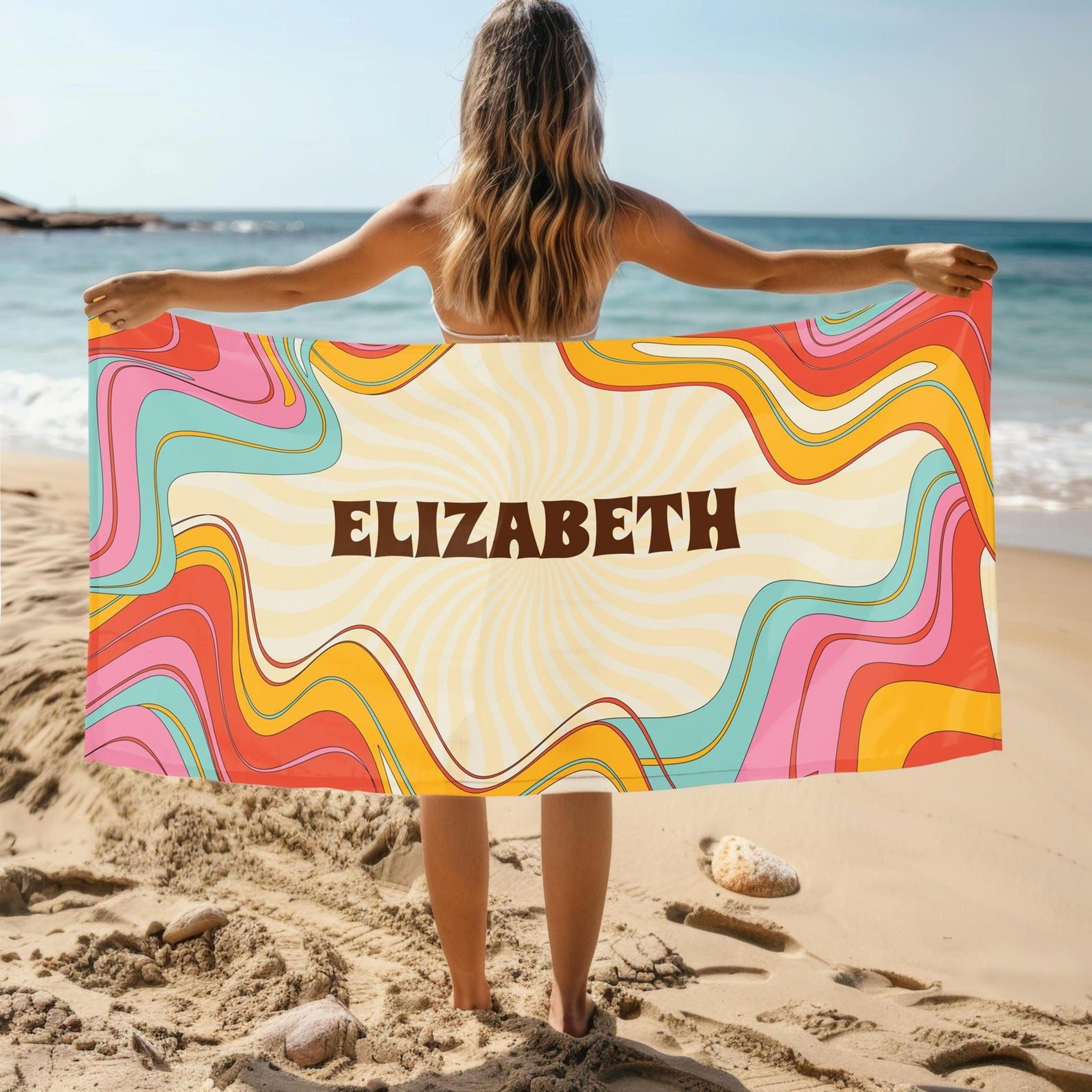 personalized retro swirl beach towel with custom name | vibrant summer beach towel