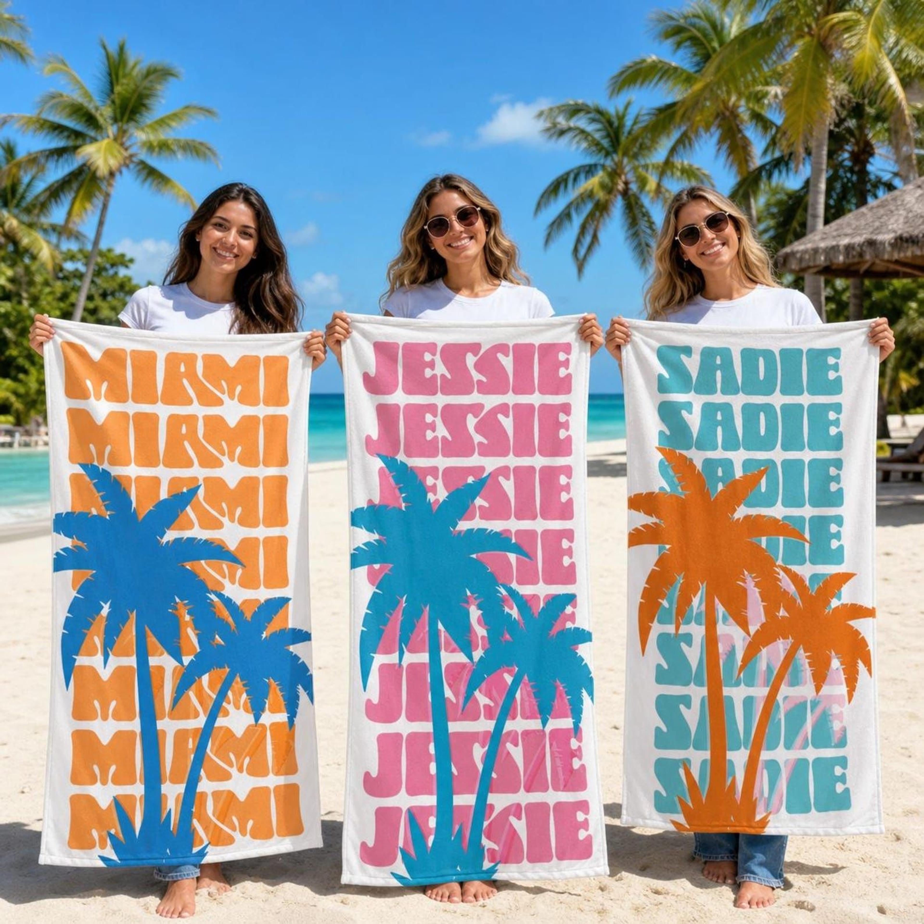personalized palm tree beach towel with custom name | tropical vacation & girls trip essential