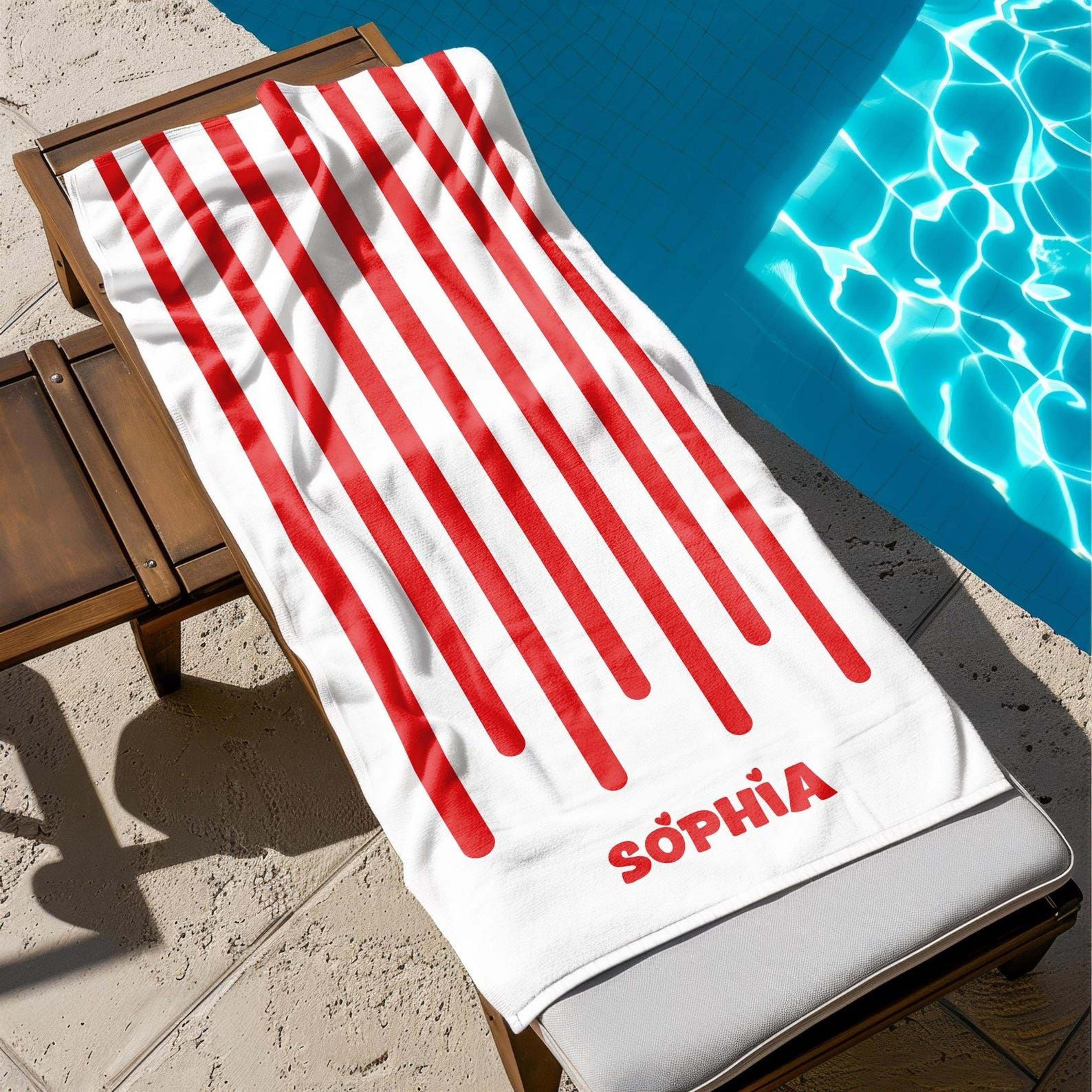 personalized stripe beach towel with custom name | stylish vacation beach towel gift
