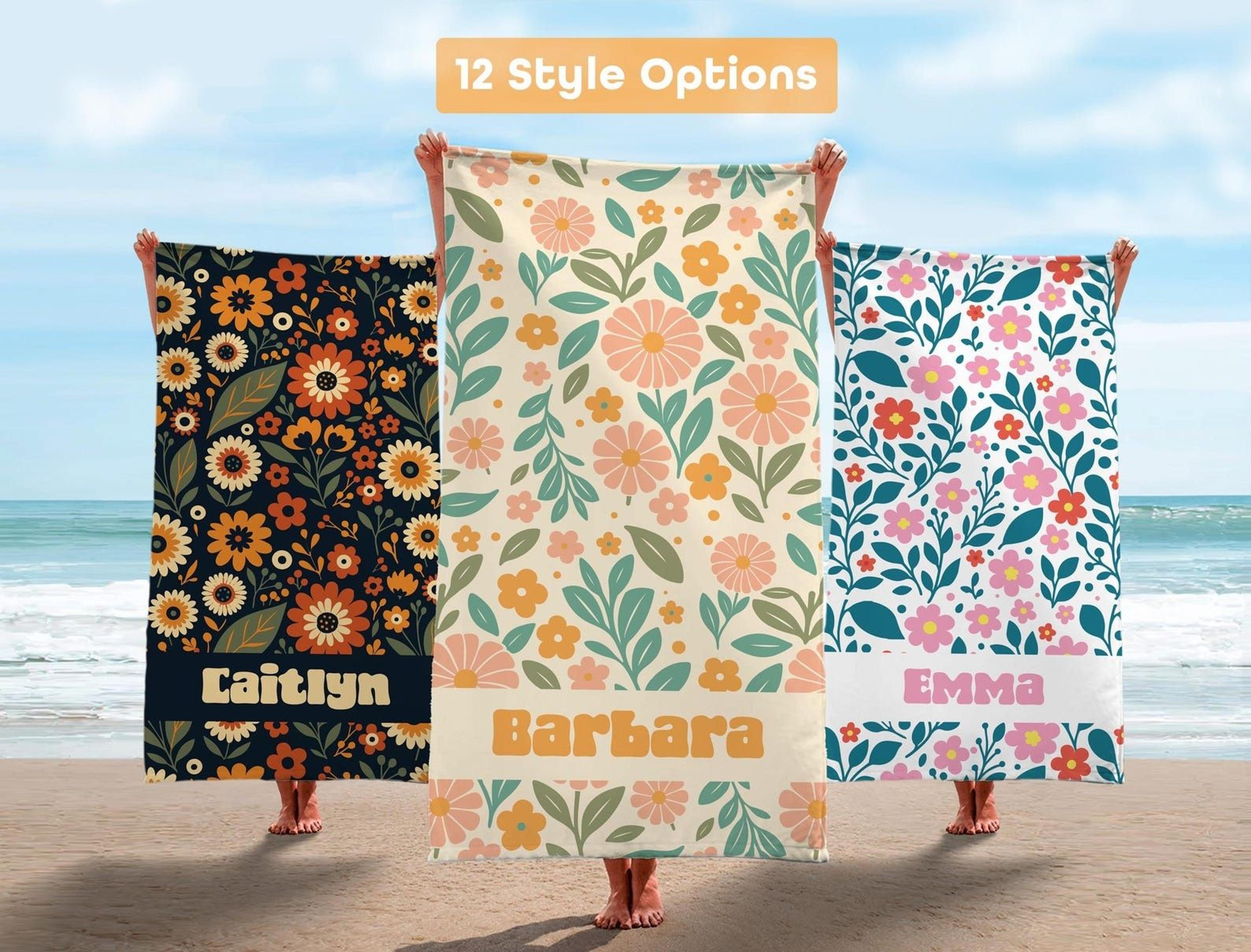 floral personalized beach towel with custom name | aesthetic beach towel for women