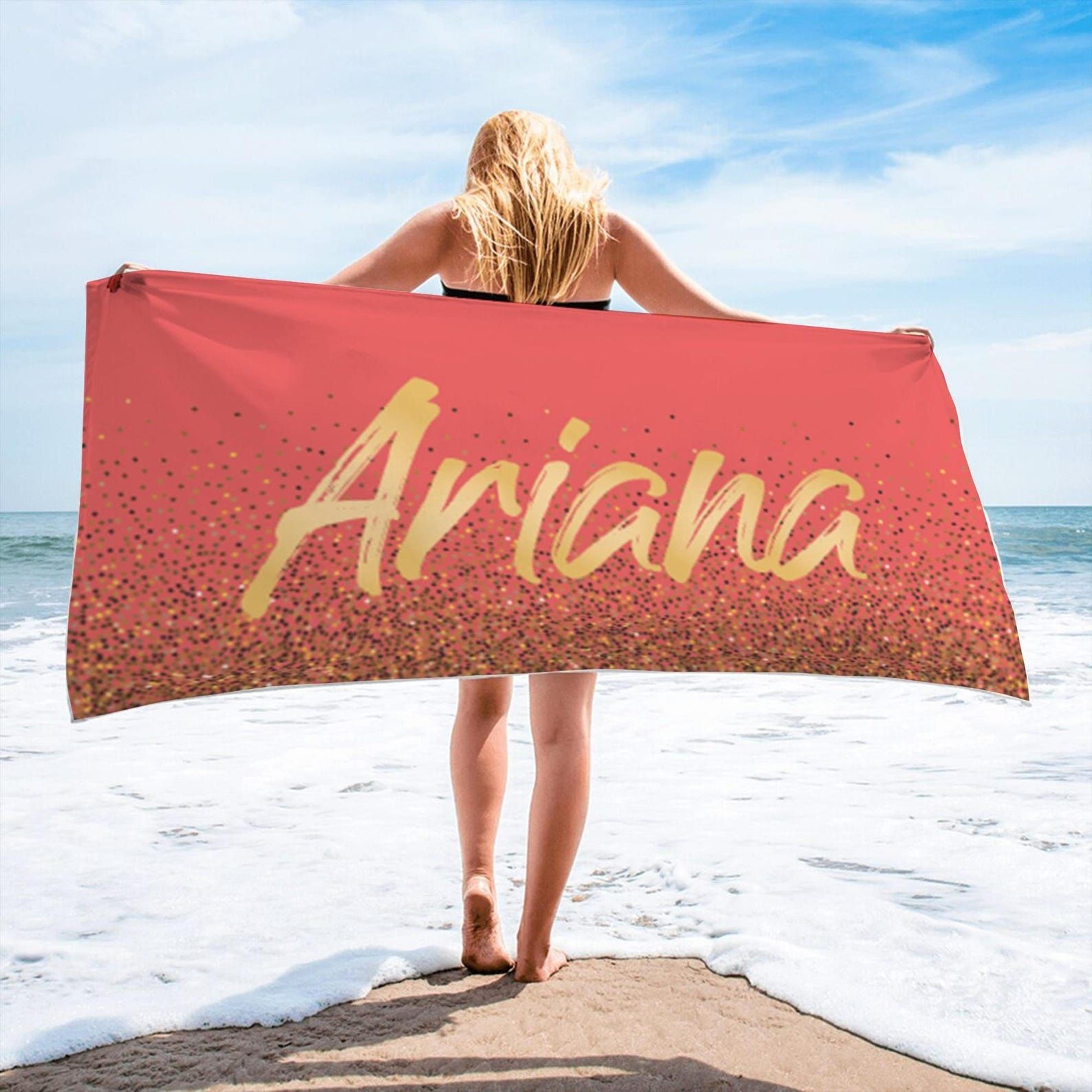 personalized gold font beach towel with custom name | elegant honeymoon & bridal party gift