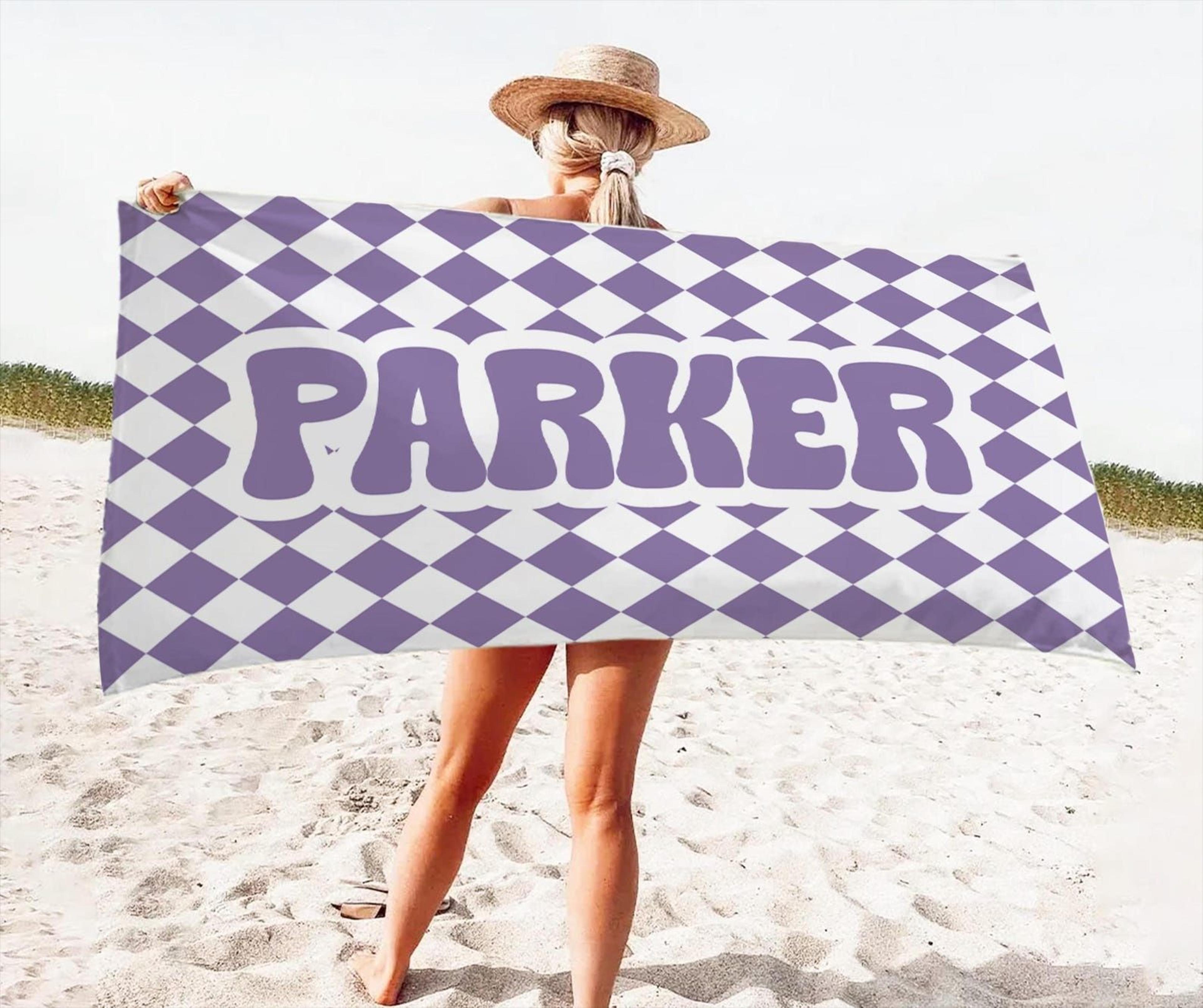personalized checkerboard beach towel with retro script name | trendy summer vacation towel