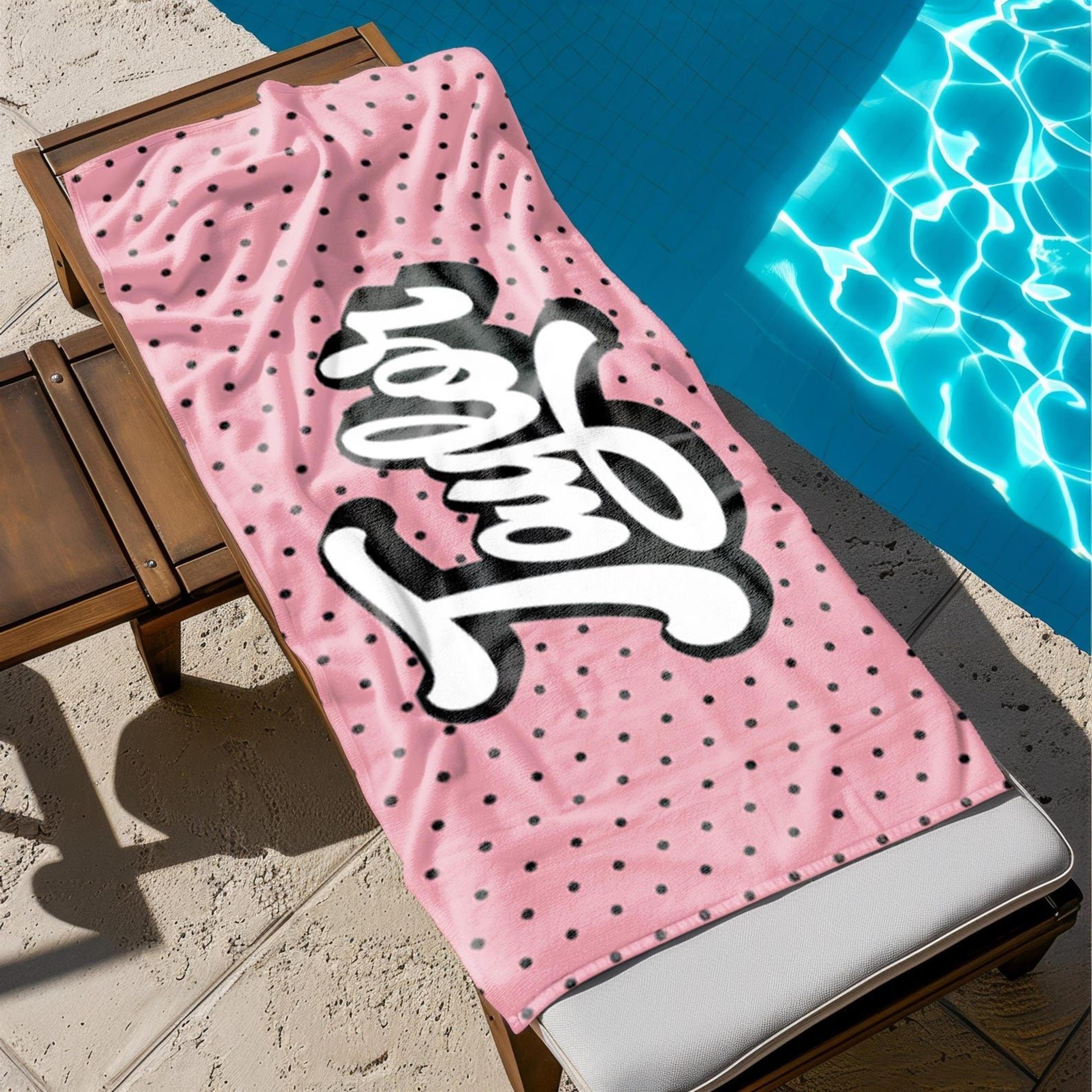 personalized retro polka dot beach towel with custom name | colorful vintage pool towel