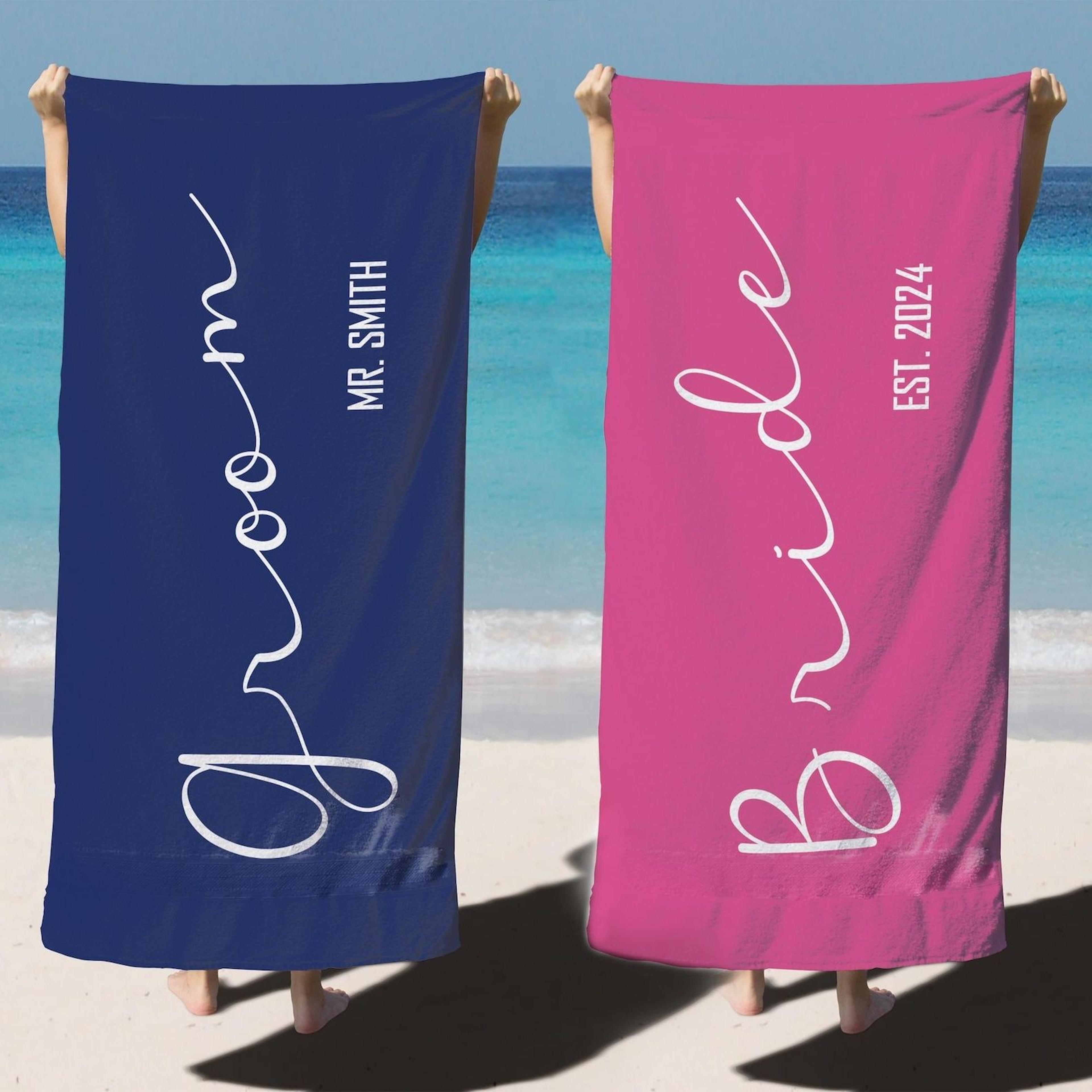 personalized bride & groom beach towel set | custom honeymoon gift for newlyweds