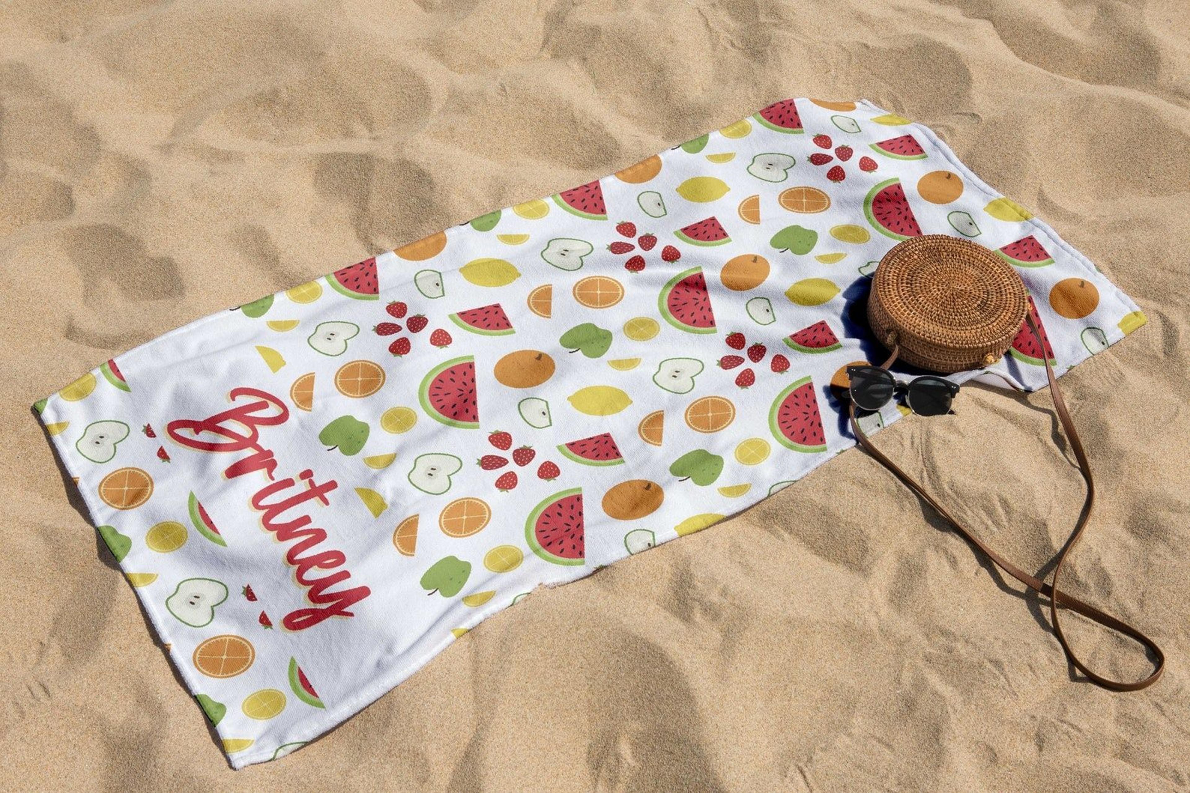 personalized fruit beach towel with custom name | fun summer pool & beach accessory
