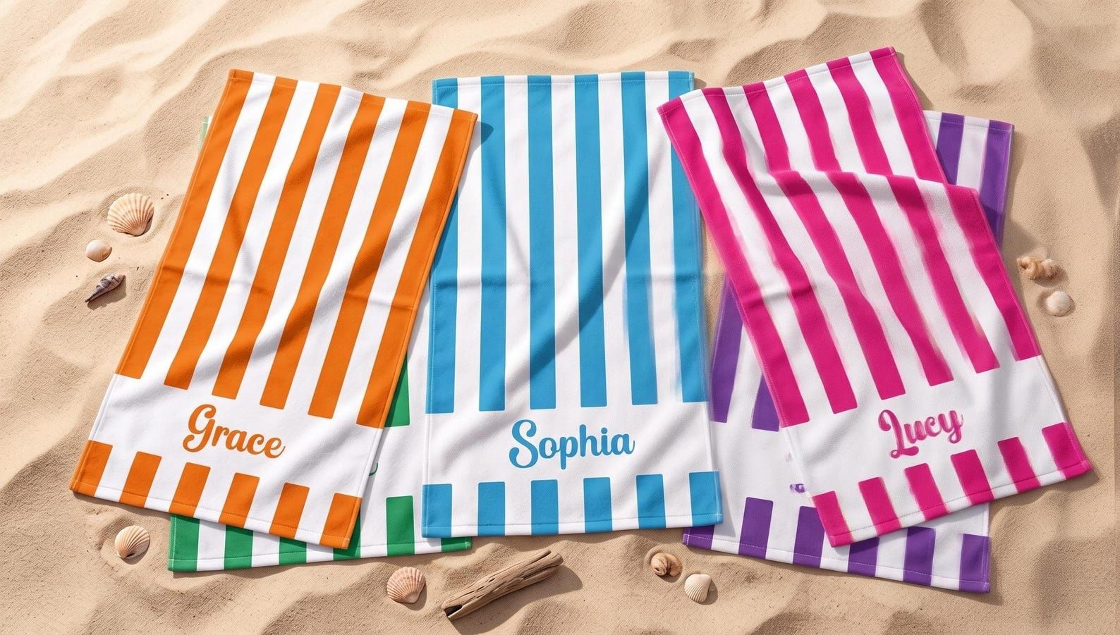 kids personalized striped beach towel with custom name | fun pool & vacation towel