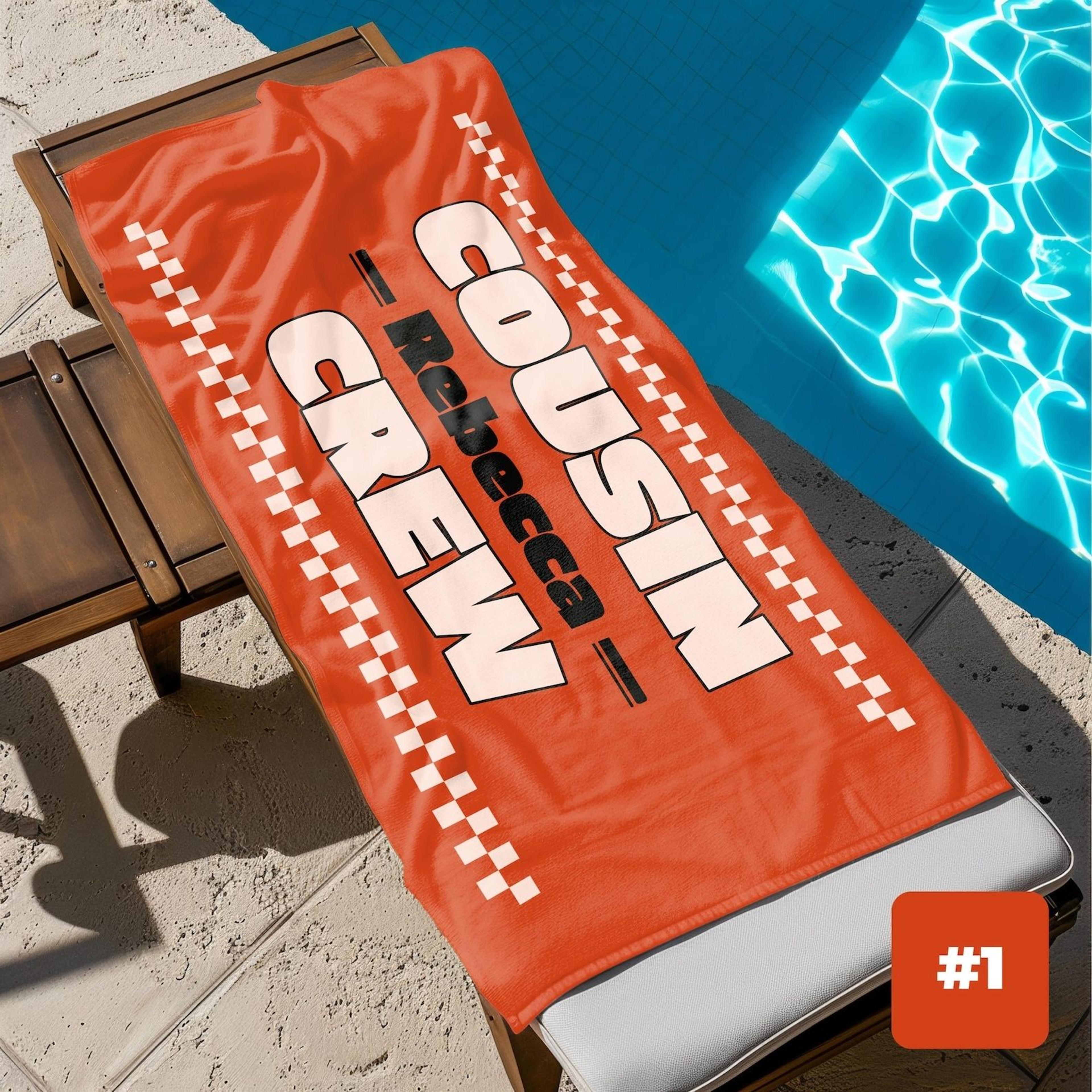 personalized cousin crew beach towel with custom name | retro family vacation towel