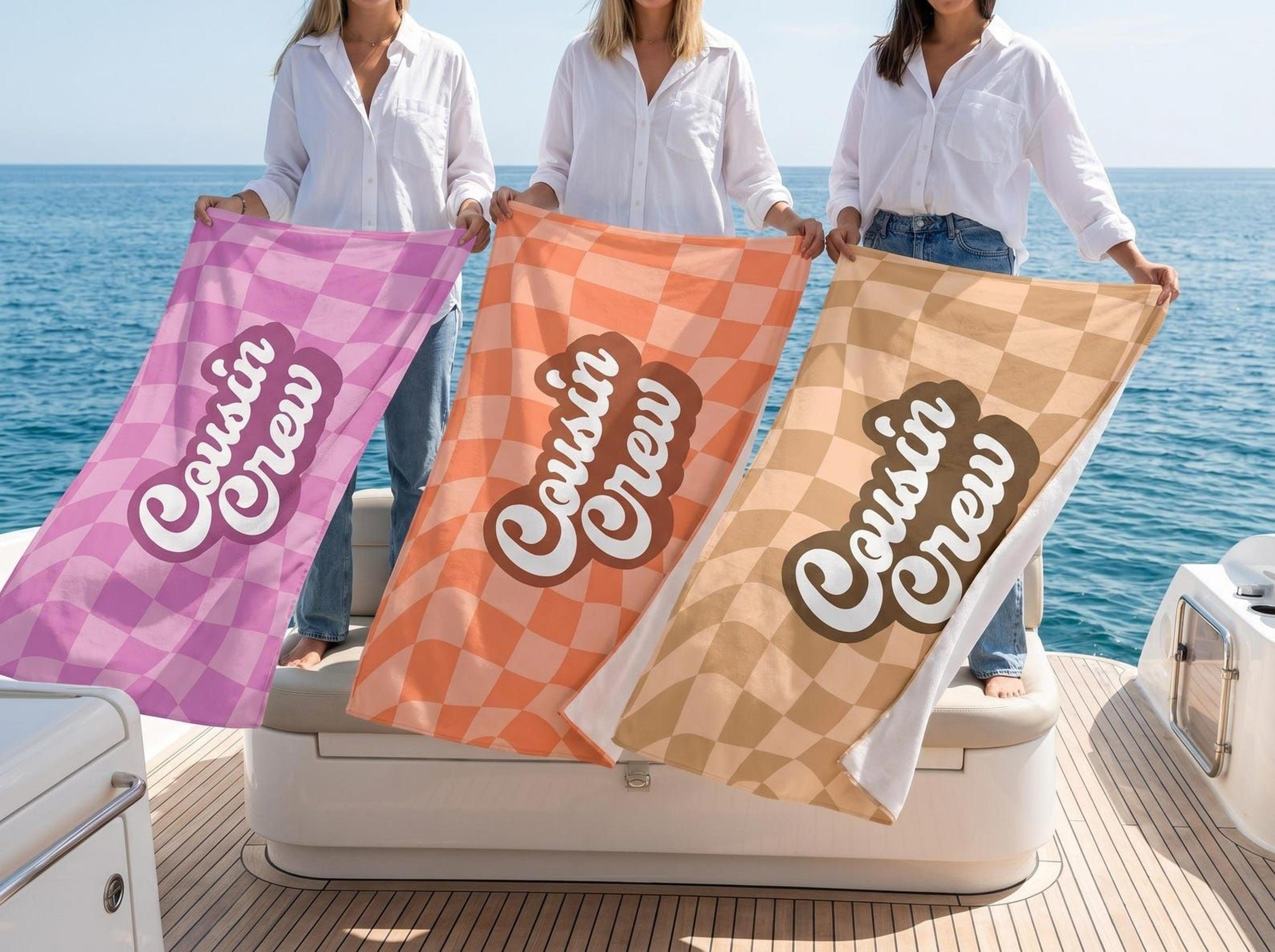 personalized cousin crew beach towel with retro groovy font | custom family vacation towel